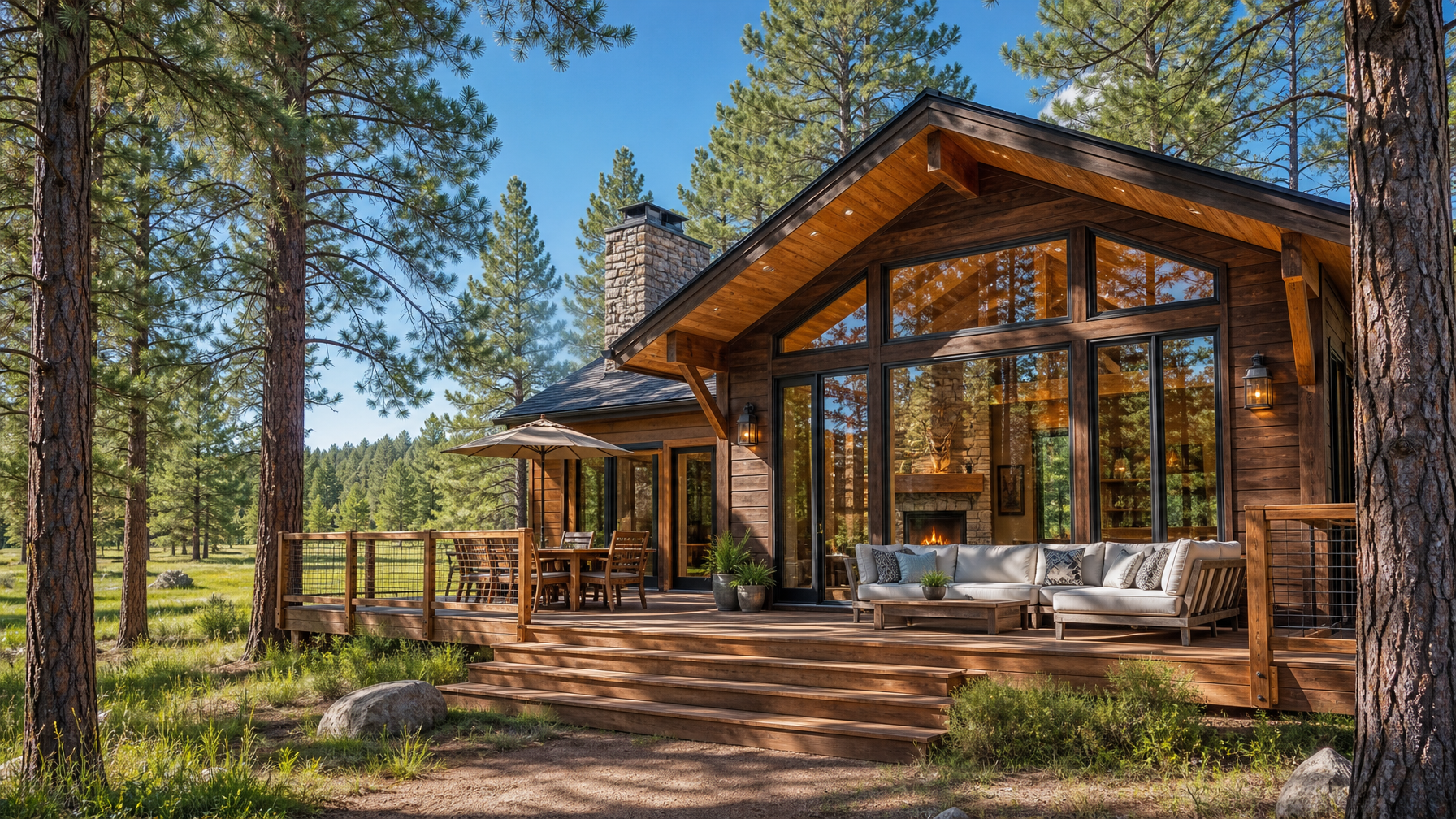 A Flagstaff Arizona vacation rental cabin surrounded by Ponderosa pine forest with a deck and mountain views representing the high-elevation summer escape destination