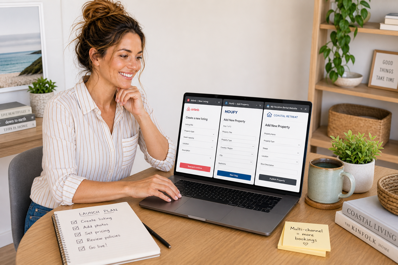 A new vacation rental host setting up listings on multiple booking channels including Airbnb Houfy and a direct booking website for their first vacation rental in 2026