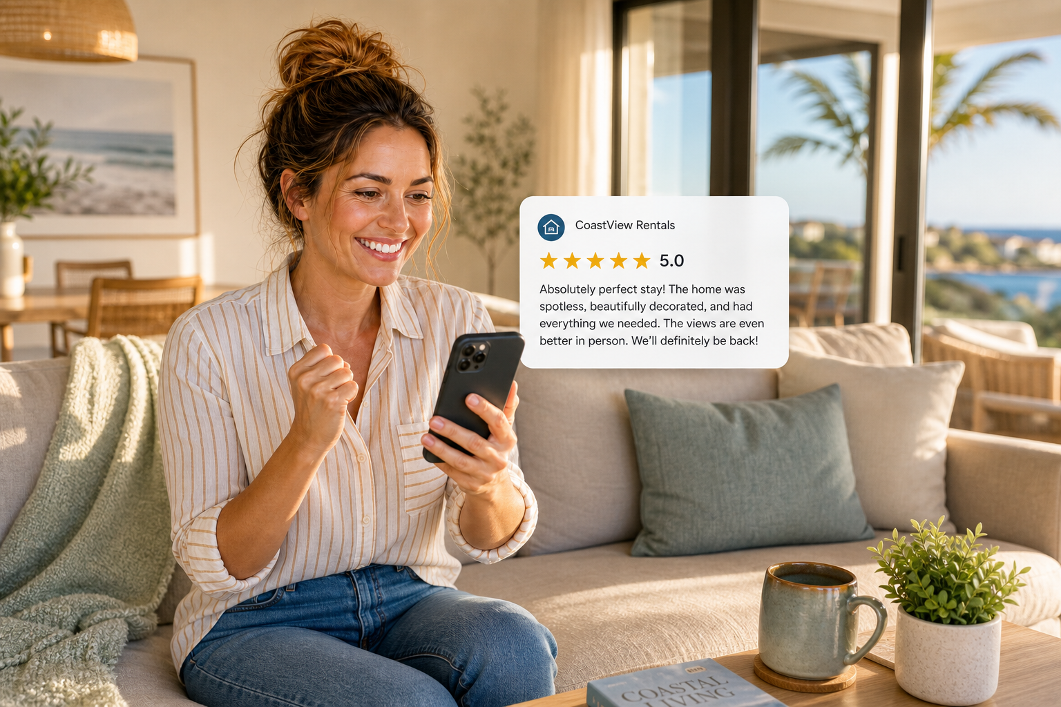 A new vacation rental host receiving their first 5-star guest review on a phone, celebrating the milestone that launches their STR business reputation