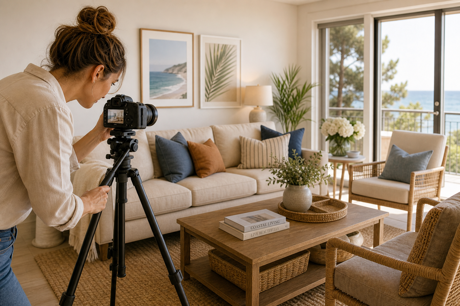 A professional photographer photographing a beautifully staged vacation rental for the first listing, showing the importance of quality listing photos for new STR hosts