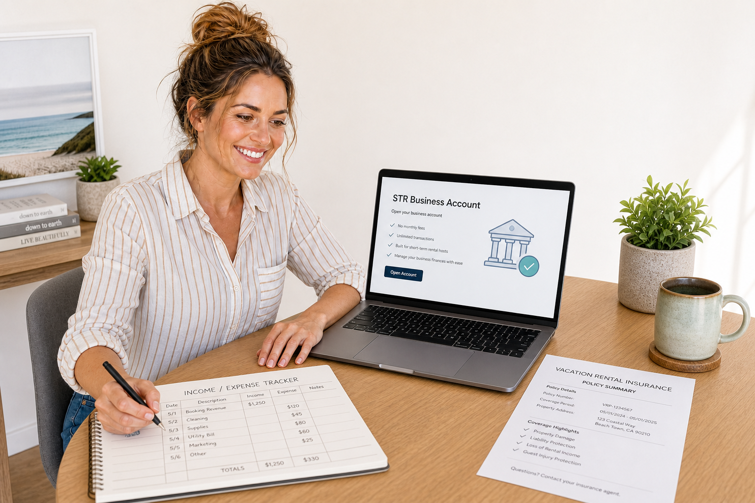 A new vacation rental host setting up a dedicated business bank account alongside STR insurance documents and a basic income tracking spreadsheet