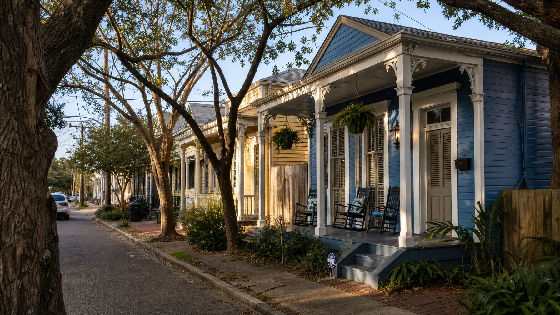 A colorful Marigny New Orleans shotgun house vacation rental on a tree-lined street near Frenchmen Street representing the authentic local NOLA neighborhood experience
