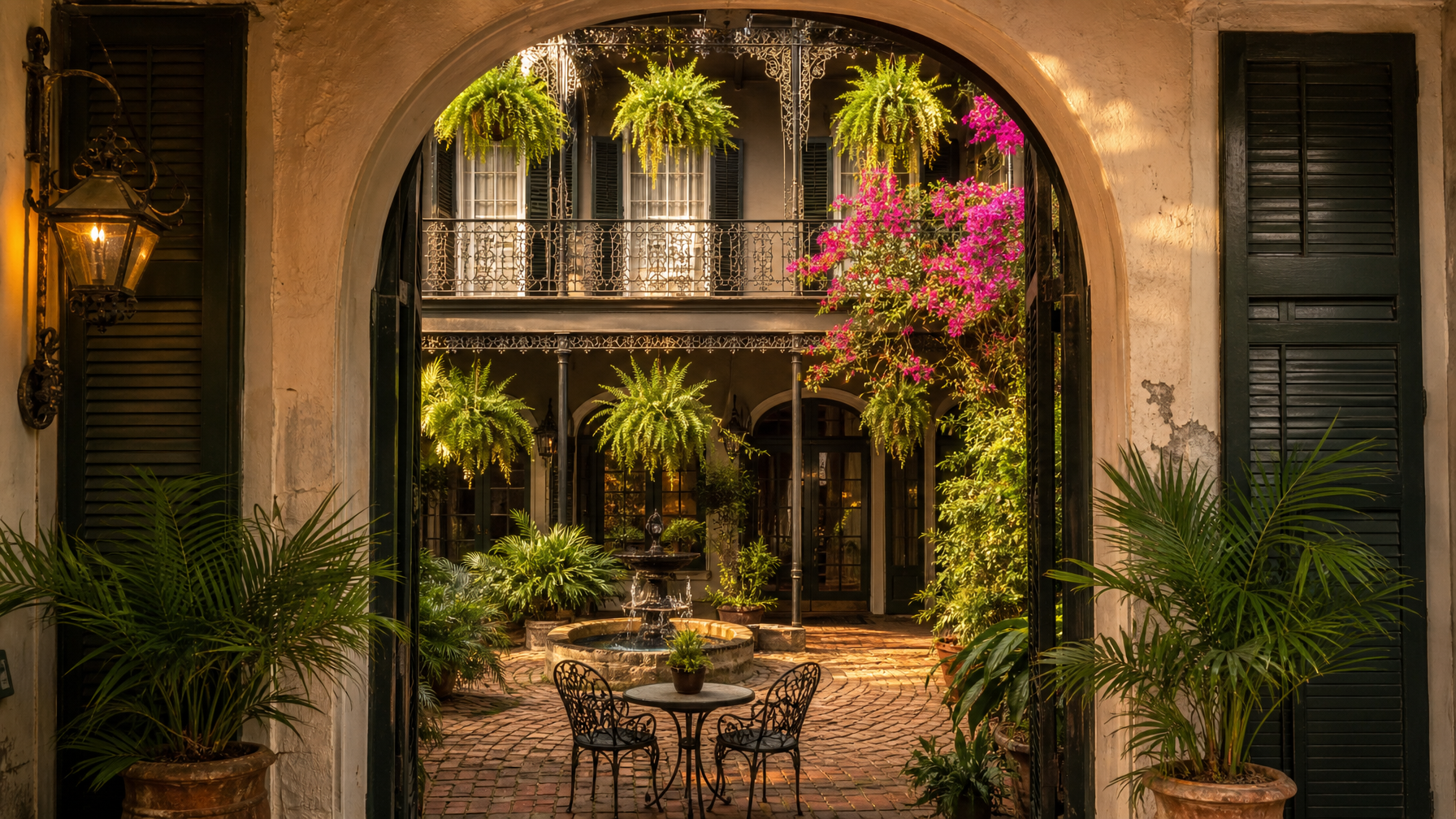 A New Orleans French Quarter vacation rental with a private courtyard and ornate cast-iron balcony surrounded by tropical vegetation for 2026 guests