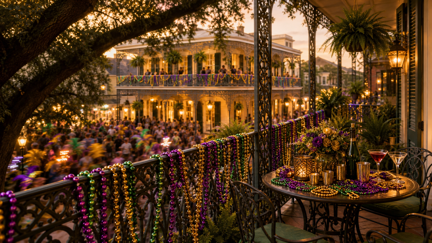 A New Orleans vacation rental balcony with parade views during Mardi Gras season representing the peak demand event for NOLA short-term rental hosts