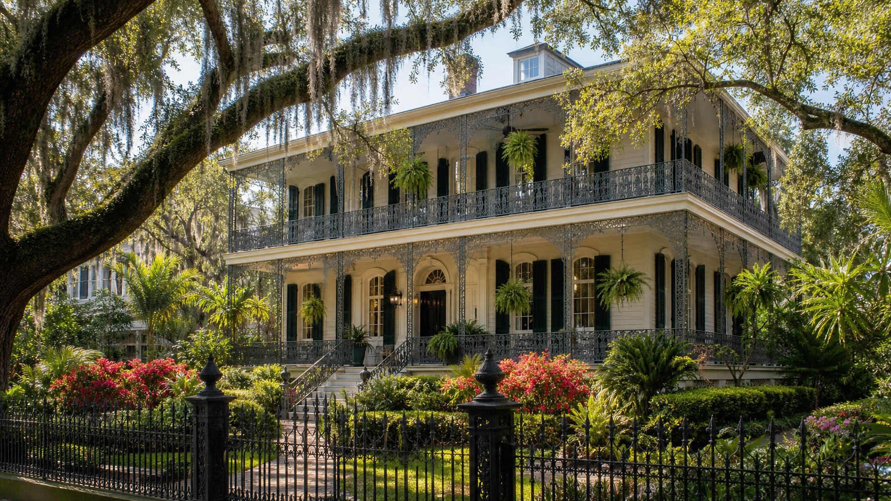 A Garden District New Orleans vacation rental antebellum mansion with live oak trees and a wrap-around porch representing the historic residential STR market