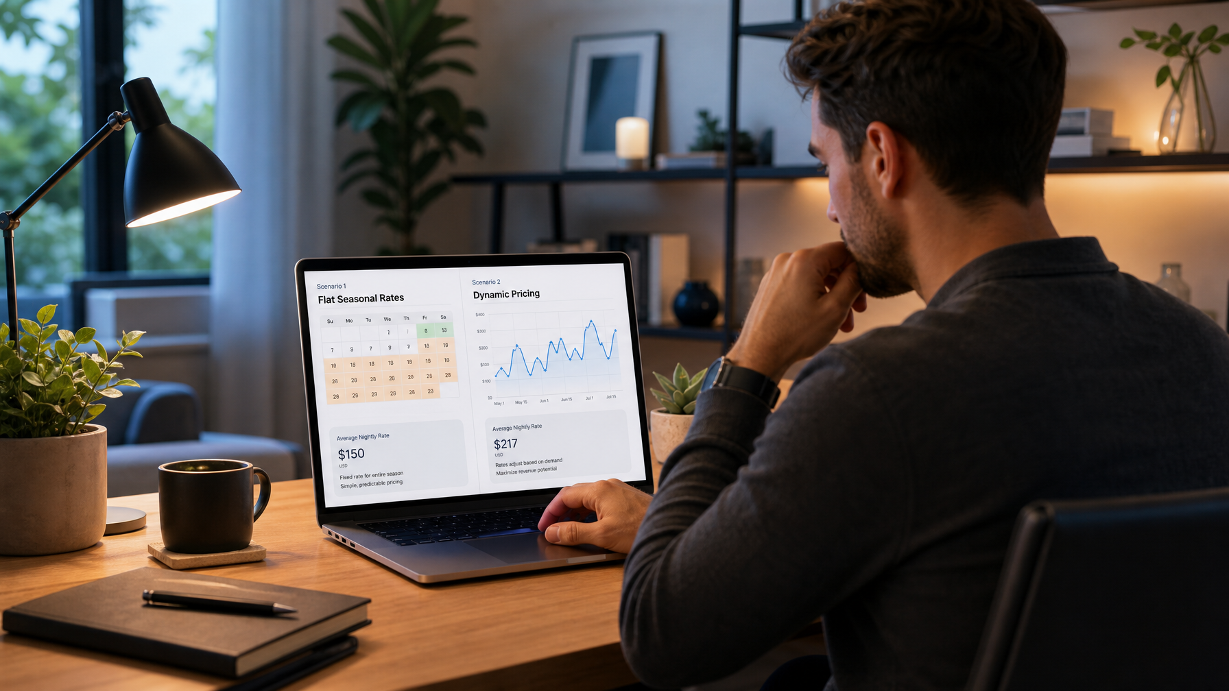 Host at a home office desk comparing a flat seasonal rate calendar and a dynamic pricing dashboard on a laptop screen