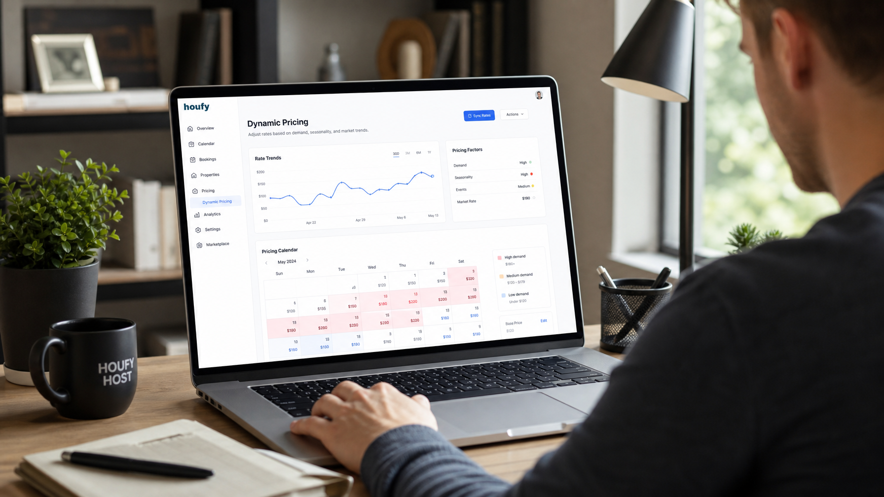 Host configuring a dynamic pricing dashboard on a laptop showing rate graphs and a variable booking calendar — PriceLabs Wheelhouse Beyond Pricing Houfy integration