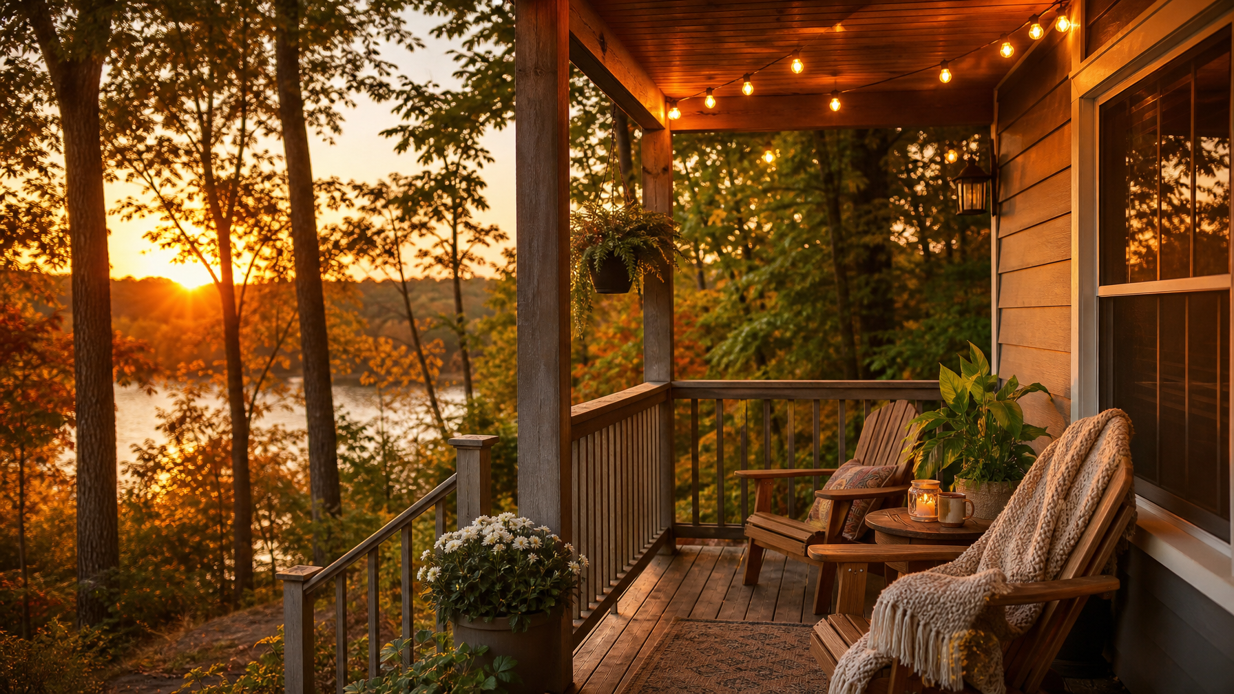 Charming vacation rental porch with warm string lights at golden hour, late summer atmosphere with hints of early autumn foliage
