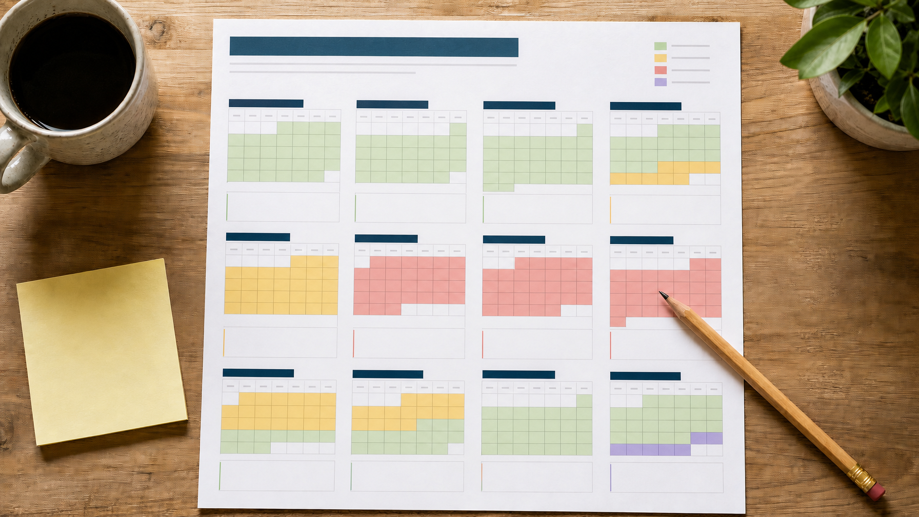 Overhead flat lay of a seasonal pricing planner on a wooden desk with a coffee mug, pencil, and color-highlighted booking windows