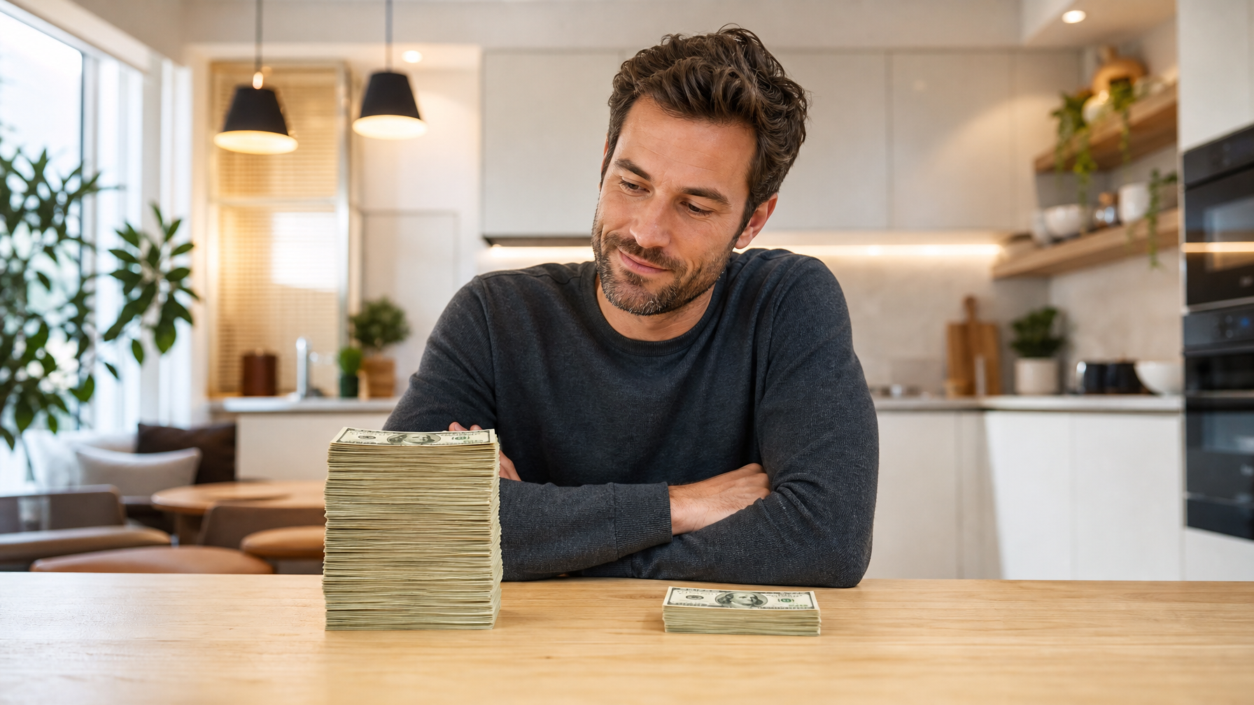 Host at a kitchen table with two stacks of cash representing the earnings difference between direct booking on Houfy and an OTA platform