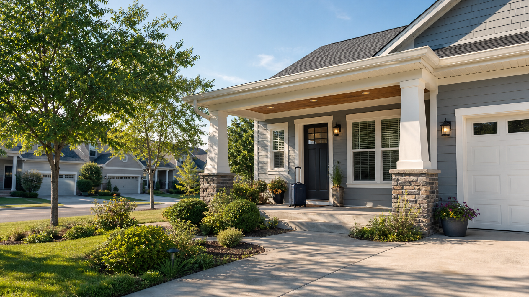Suburban vacation rental exterior with a suitcase by the porch, ready for overflow guests near a host city.