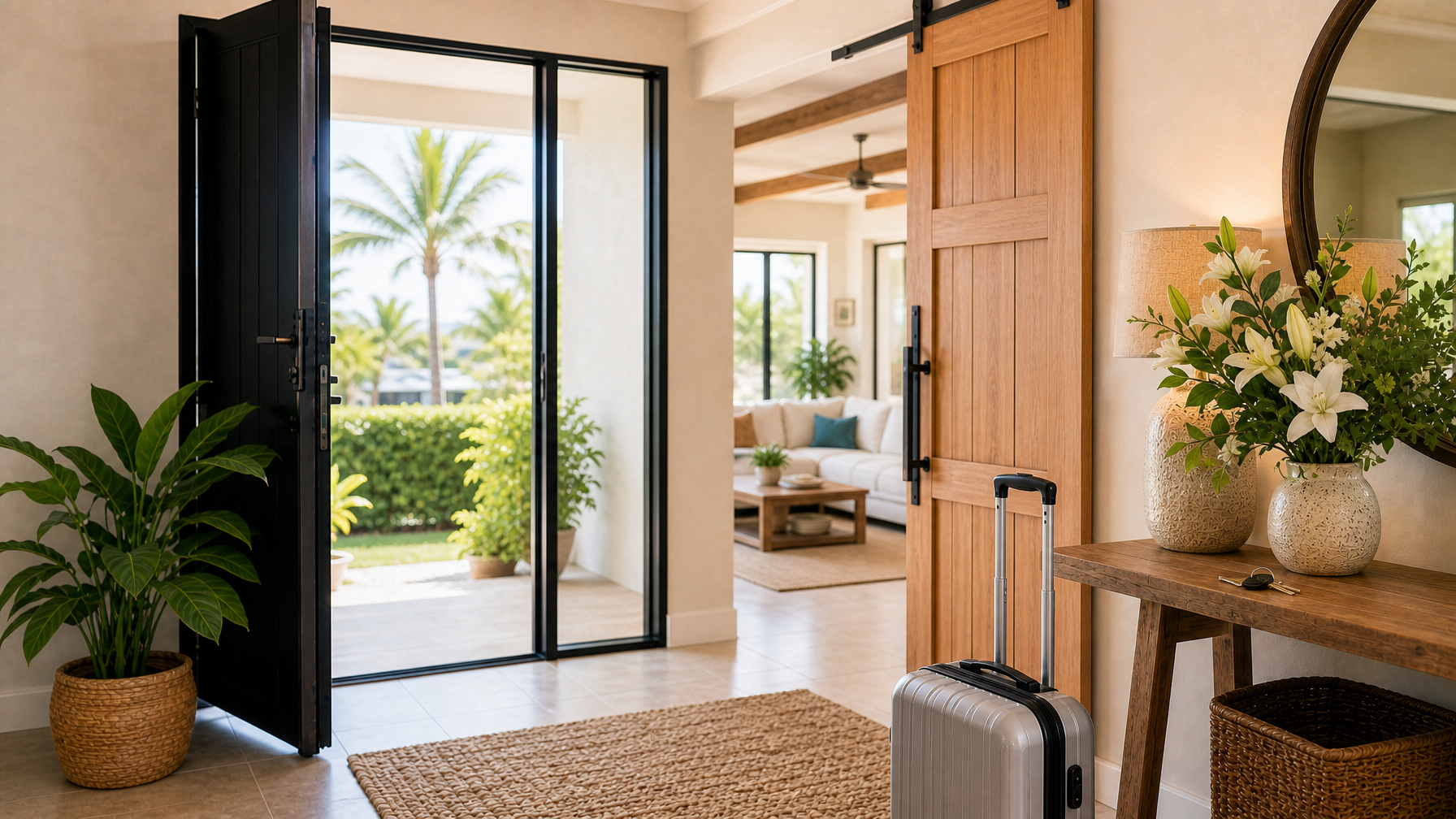 Vacation rental entry foyer with house keys on a console table and a suitcase ready for direct check-in.