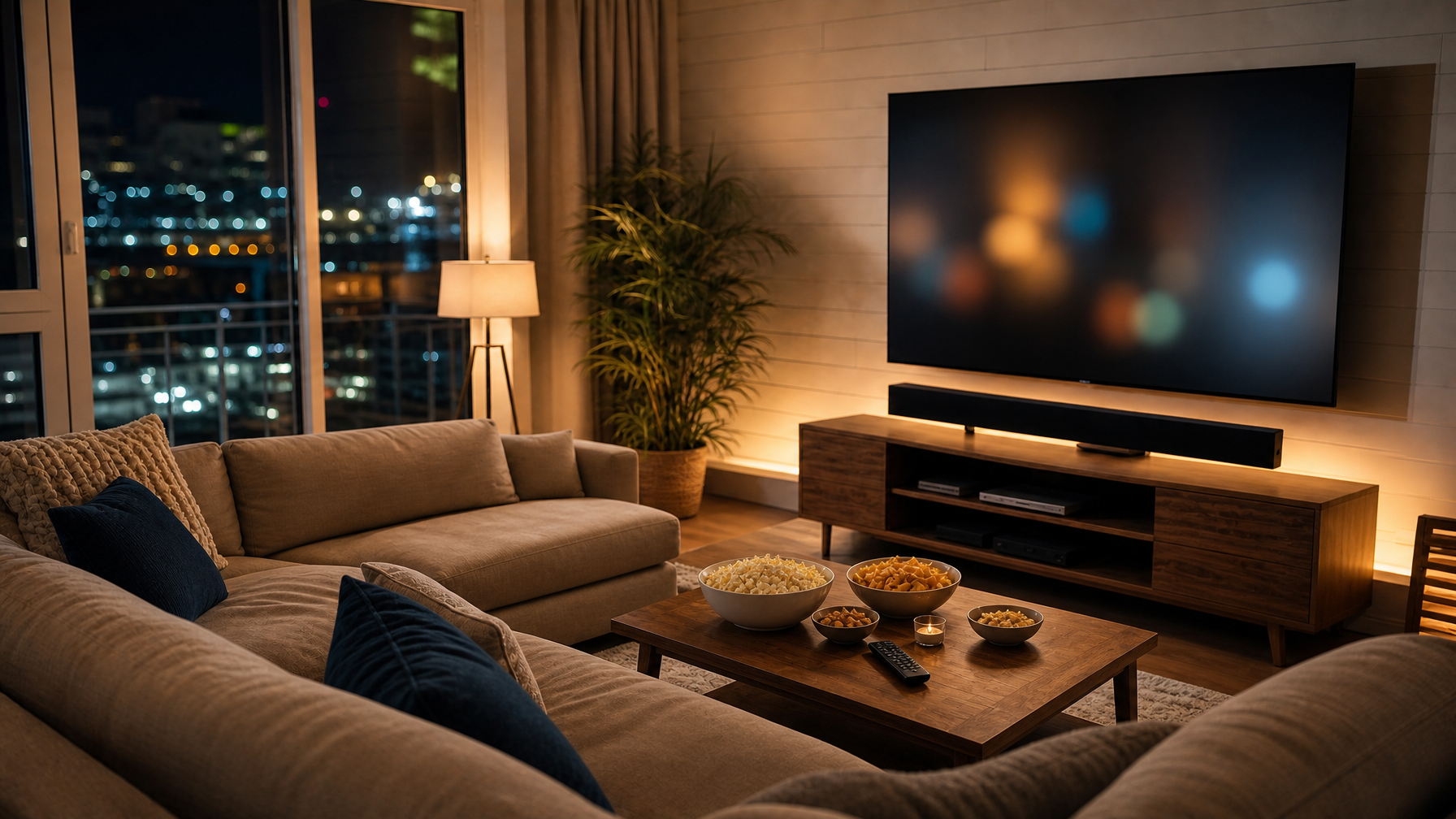 Vacation rental living room staged for match night with a large TV, snacks, and cozy group seating.