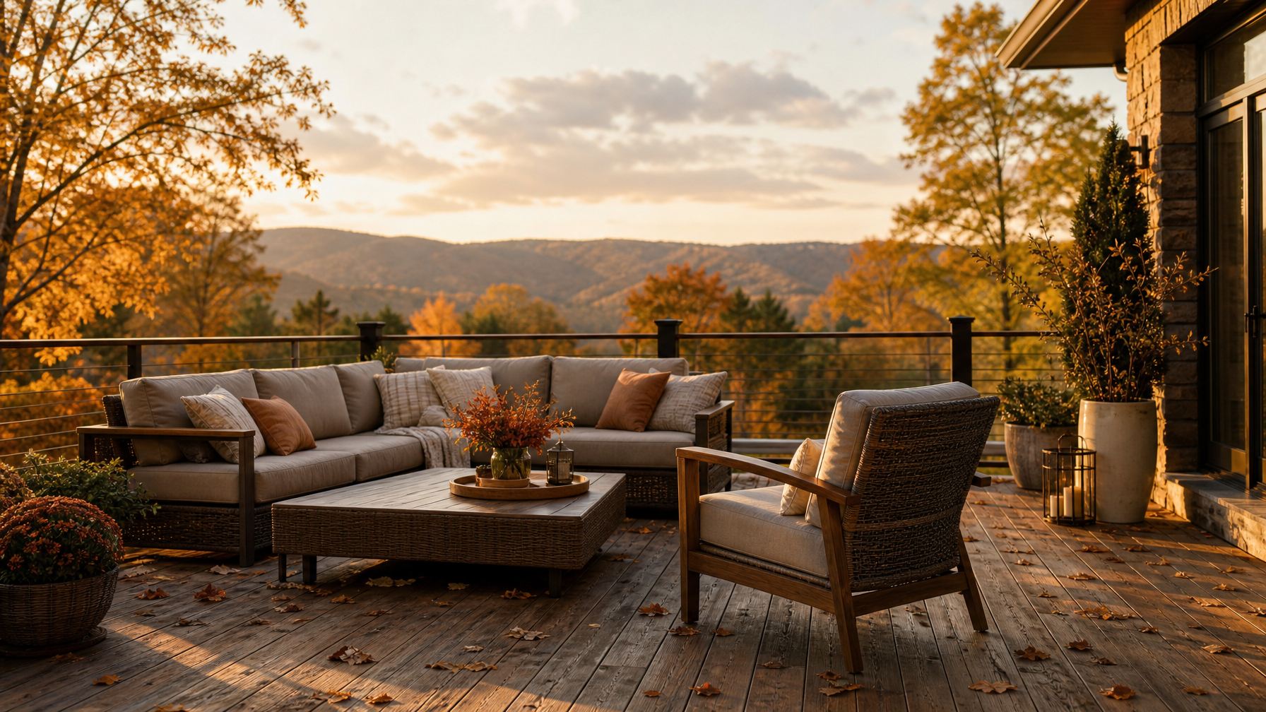 Autumn shoulder-season vacation rental terrace with outdoor seating ready for the next guests.