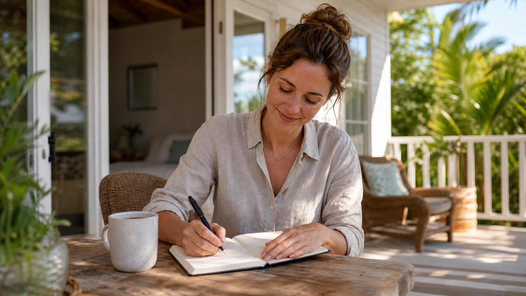 Host writing post-stay guest notes in a notebook on a sunny vacation rental patio.