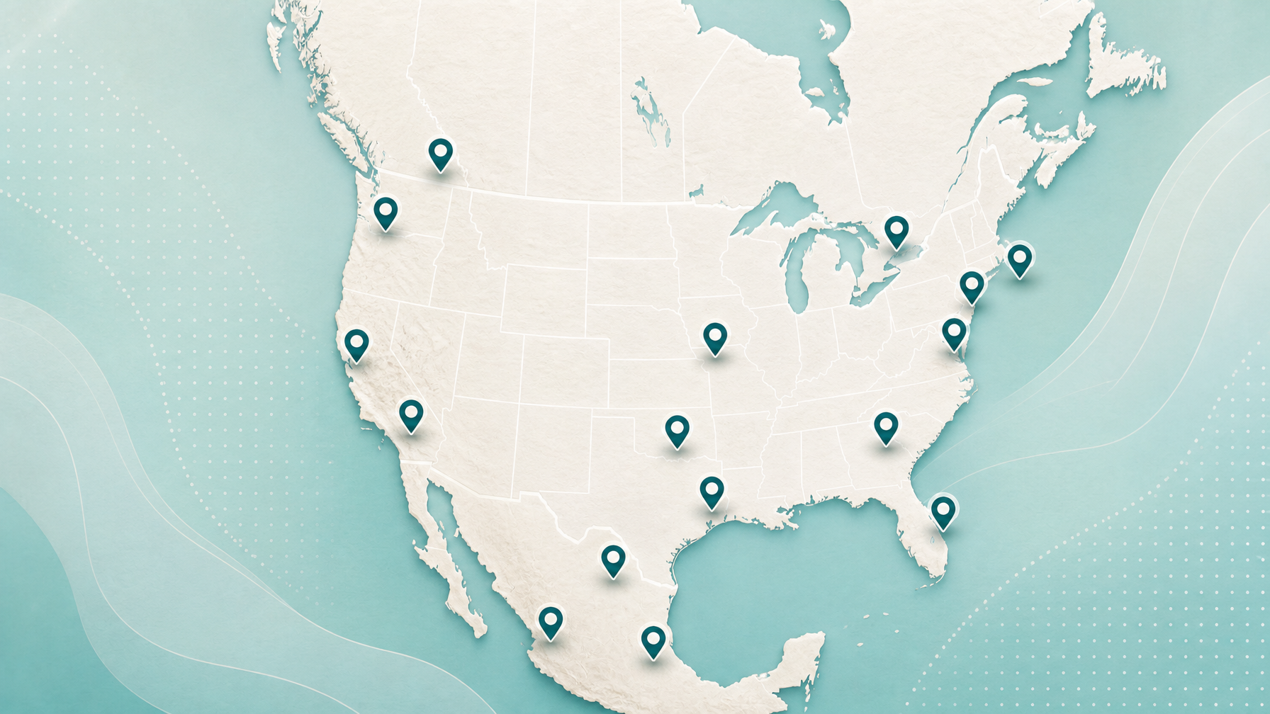 Stylized North America map with teal pins marking World Cup 2026 tournament host cities across the United States, Canada, and Mexico