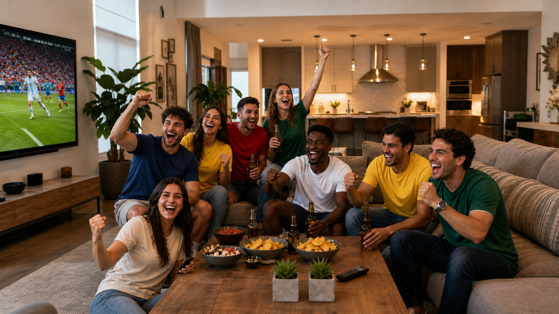 Diverse group of adult travelers celebrating a soccer match on a large TV inside a spacious modern vacation rental living room
