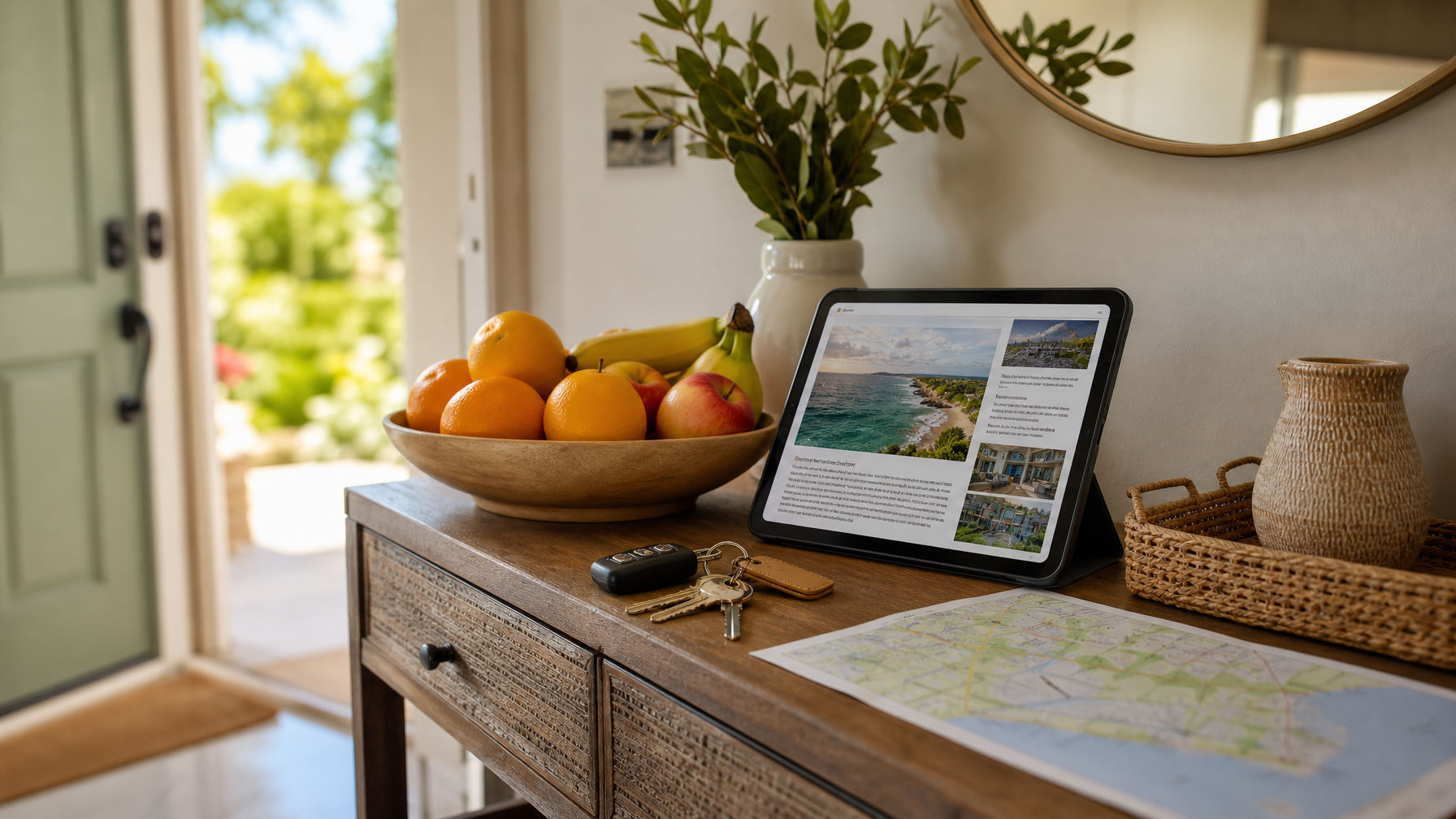 Vacation rental welcome table with keys, local map, fruit bowl, and tablet guest guide near the front door