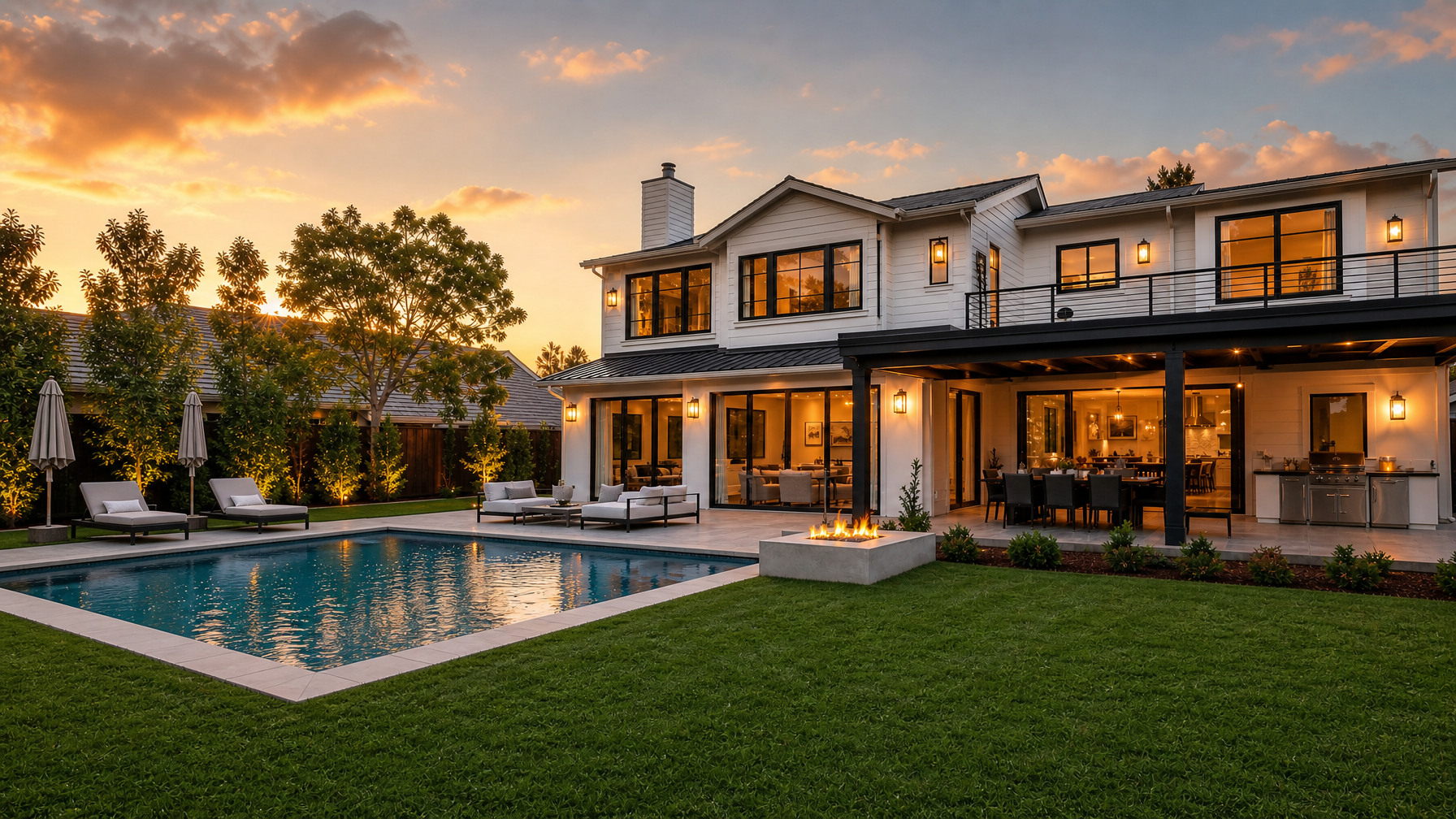 Spacious modern vacation rental exterior with backyard pool and large patio at golden hour, ready for a group of 6 to 10 guests