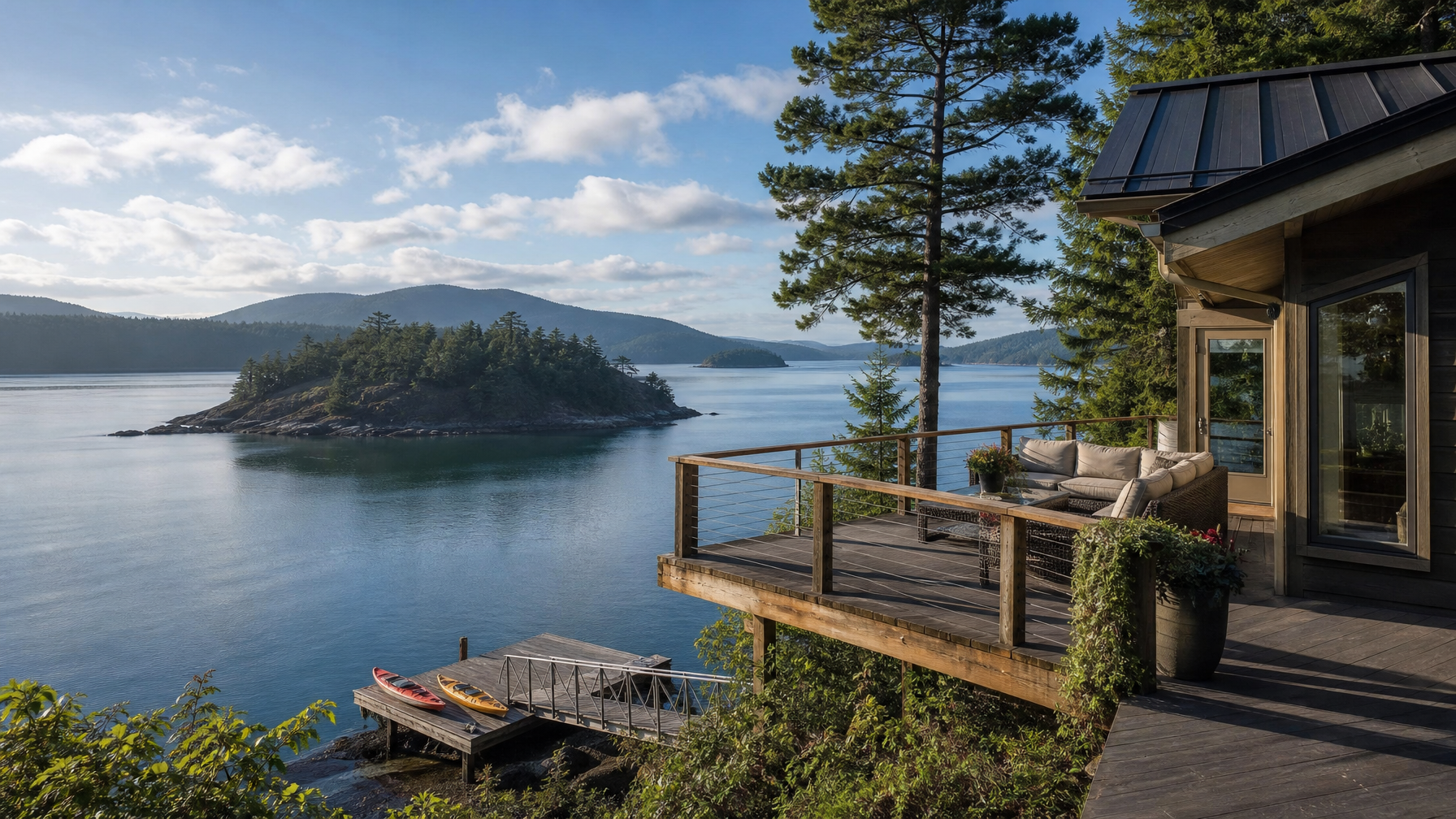 An Orcas Island San Juan Islands vacation rental with a panoramic Puget Sound water view and kayaks at a small dock representing the premium Pacific Northwest island rental experience
