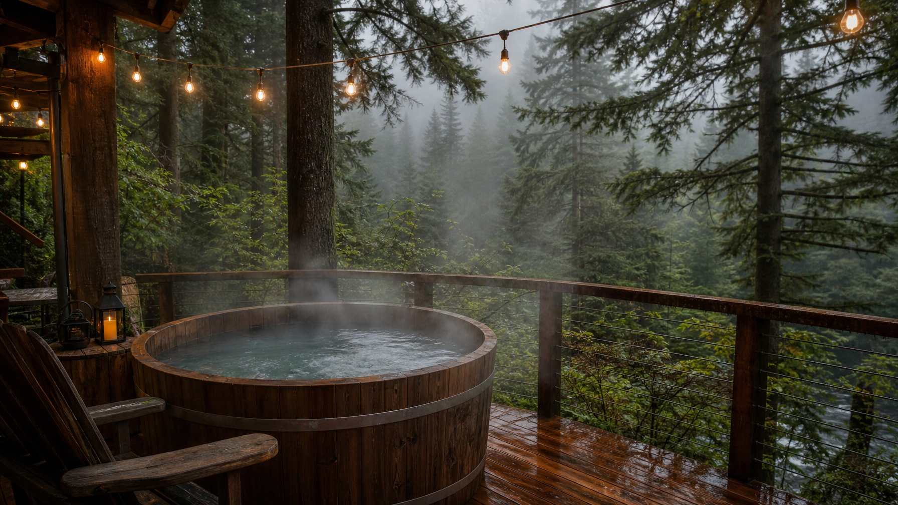 A Pacific Northwest vacation rental hot tub on a cedar deck surrounded by old-growth forest in the rain representing the defining PNW rental experience