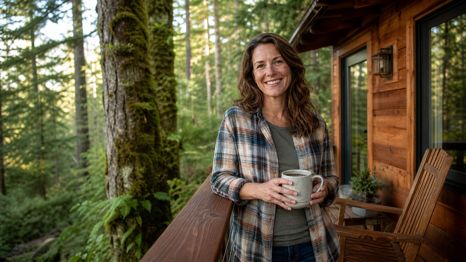A female Pacific Northwest vacation rental host welcoming guests on the porch of a cedar cabin in old-growth forest