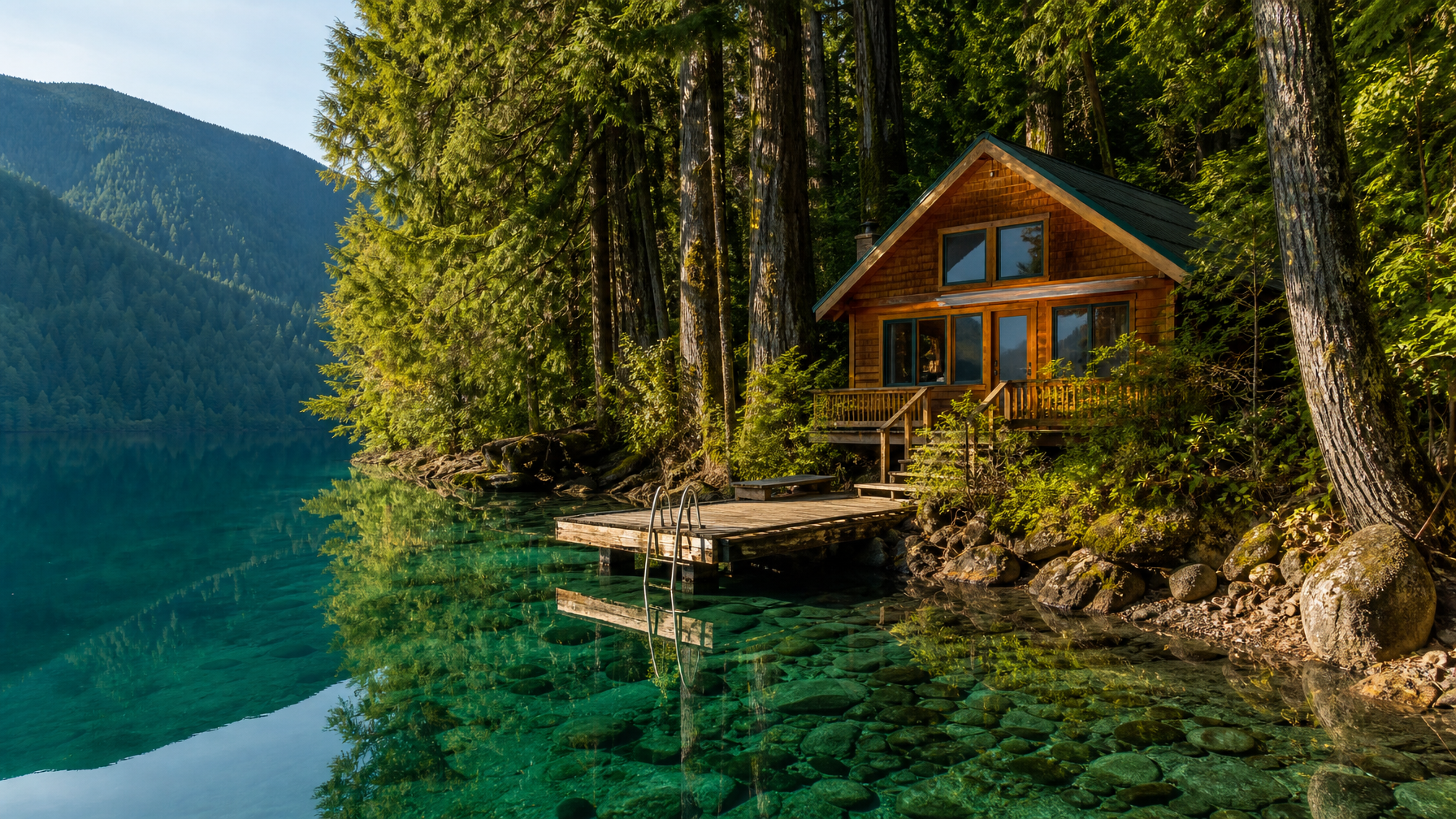 A vacation rental cabin on the shores of Lake Crescent on the Olympic Peninsula with old-growth forest reflected in crystal-clear blue-green water