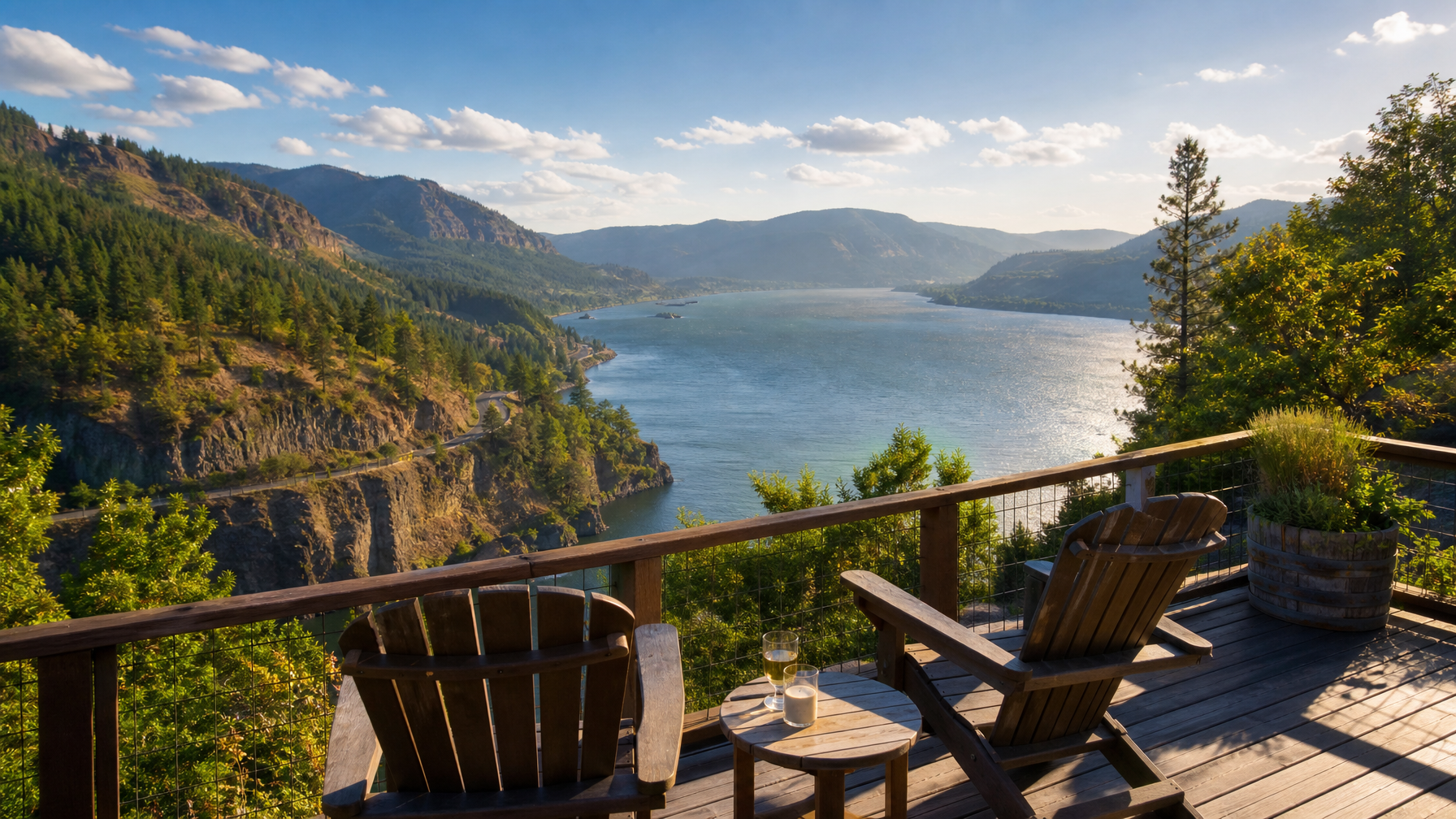 A vacation rental in the Columbia River Gorge with a deck view of the basalt canyon walls and the Columbia River representing the dramatic PNW inland destination