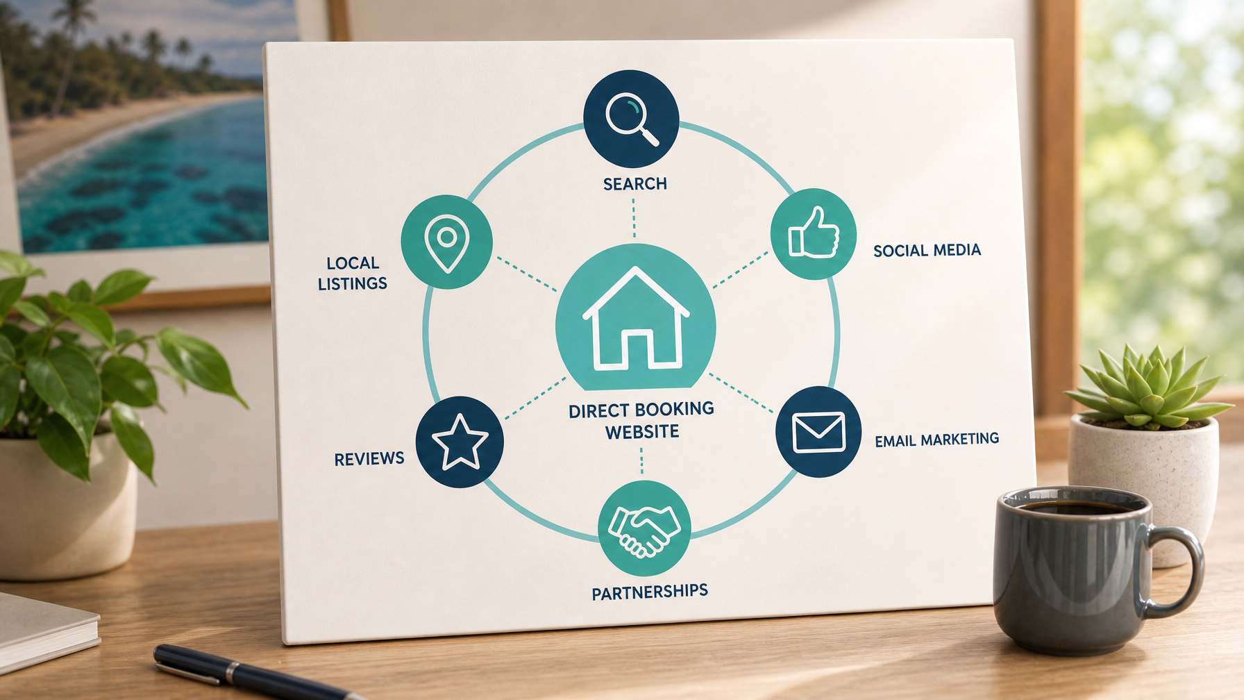 Editorial diagram of six vacation rental direct marketing channels feeding a central direct booking website for hosts reducing OTA dependence