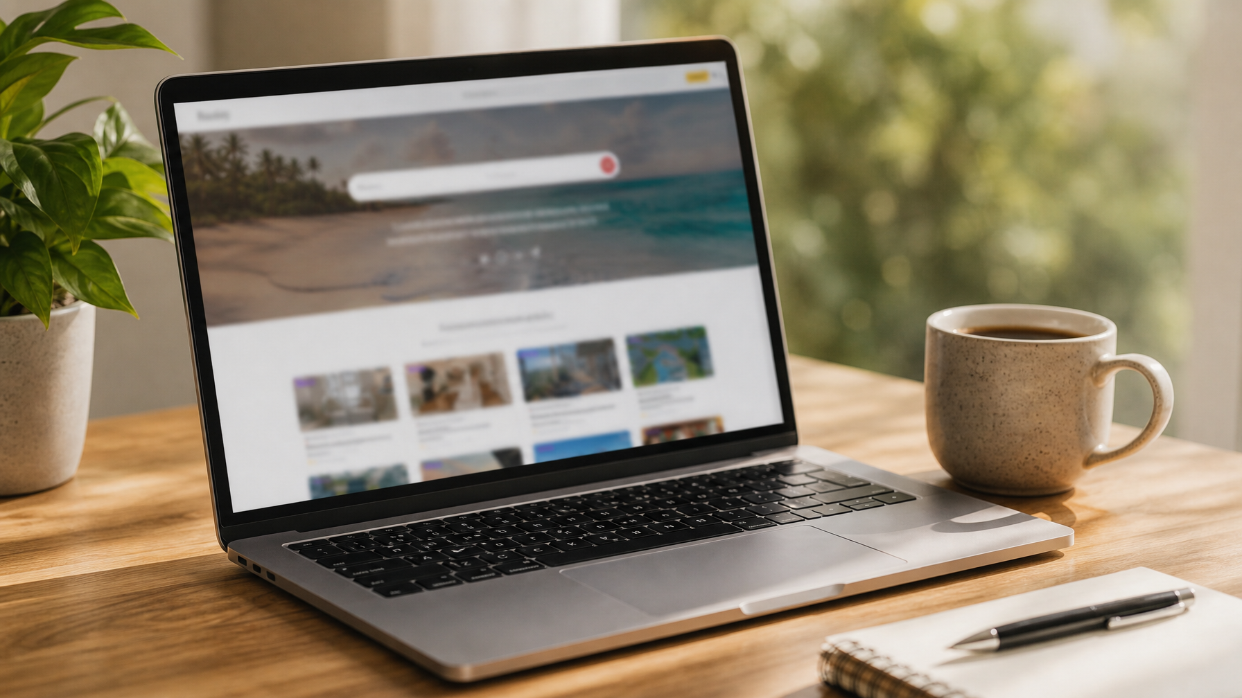 Close-up of a laptop on a wooden desk showing a vacation rental direct booking website in soft morning light for hosts marketing without Airbnb
