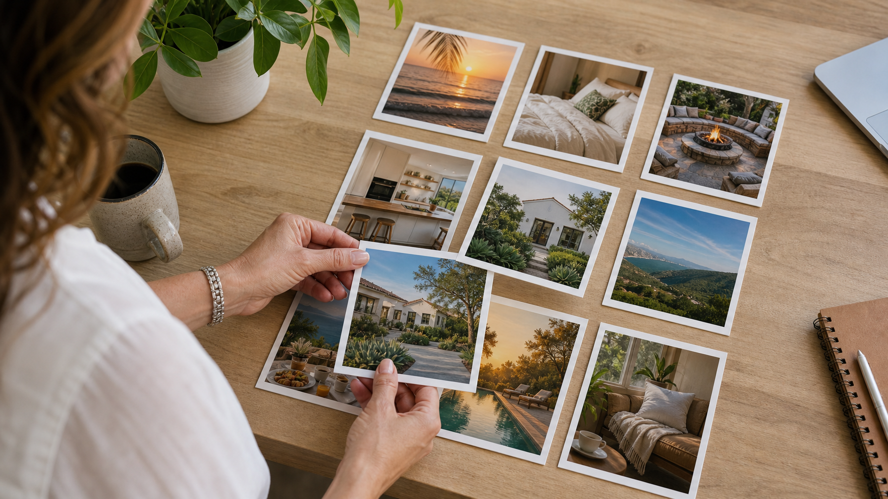 Female hands arranging a nine-photo vacation rental Instagram style moodboard of property and destination photography for direct booking marketing
