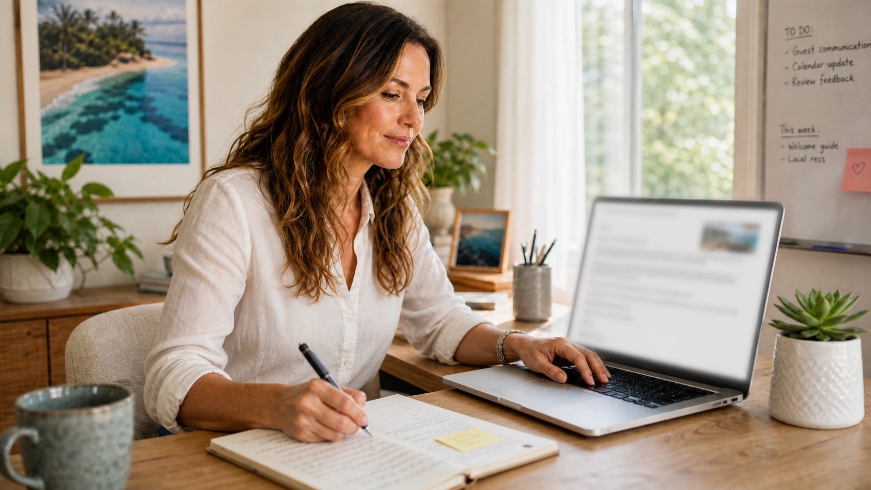 A female vacation rental host at a laptop composing a warm seasonal email offer to past guests as part of a direct booking STR marketing strategy