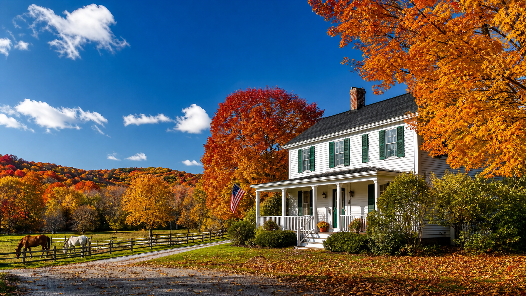 A Rhinebeck Hudson Valley farmhouse vacation rental with horse pastures and October fall foliage representing the peak demand season in the most refined Hudson Valley village