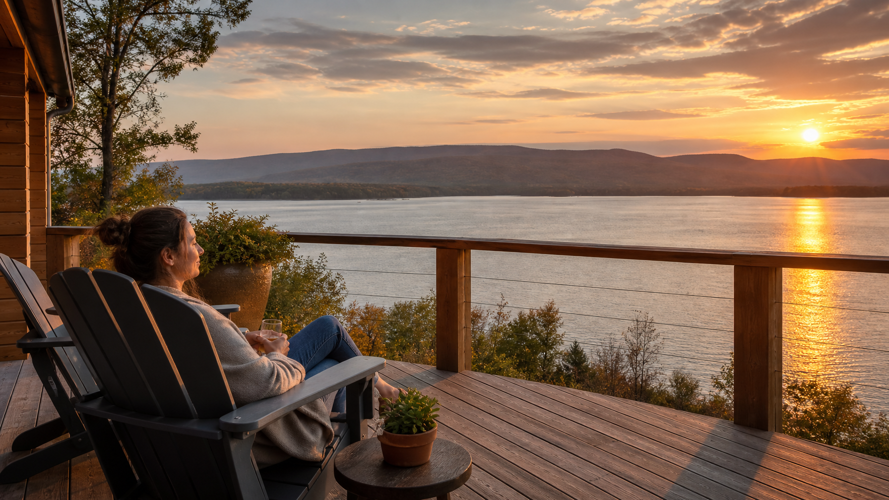 A Hudson Valley vacation rental deck with panoramic Hudson River views at sunset representing the premium waterfront rental category with female host enjoying the view