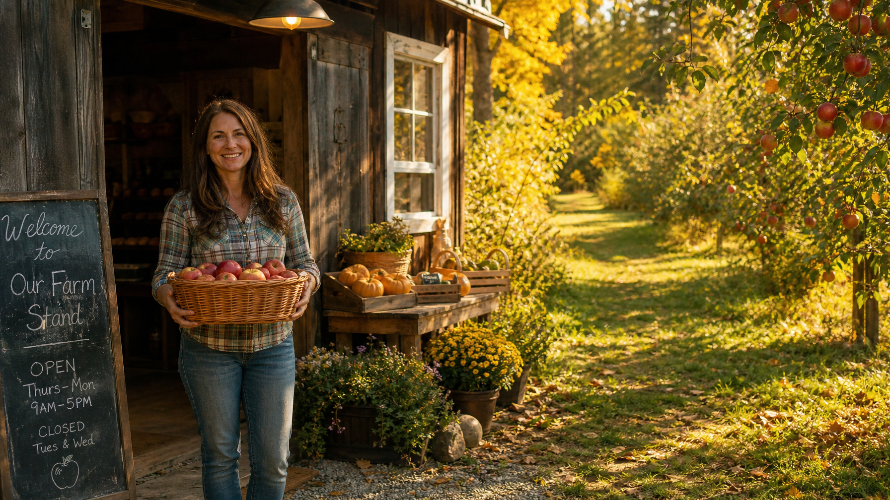 A Hudson Valley farm stay vacation rental surrounded by apple orchards in fall representing the agritourism vacation rental category with female host