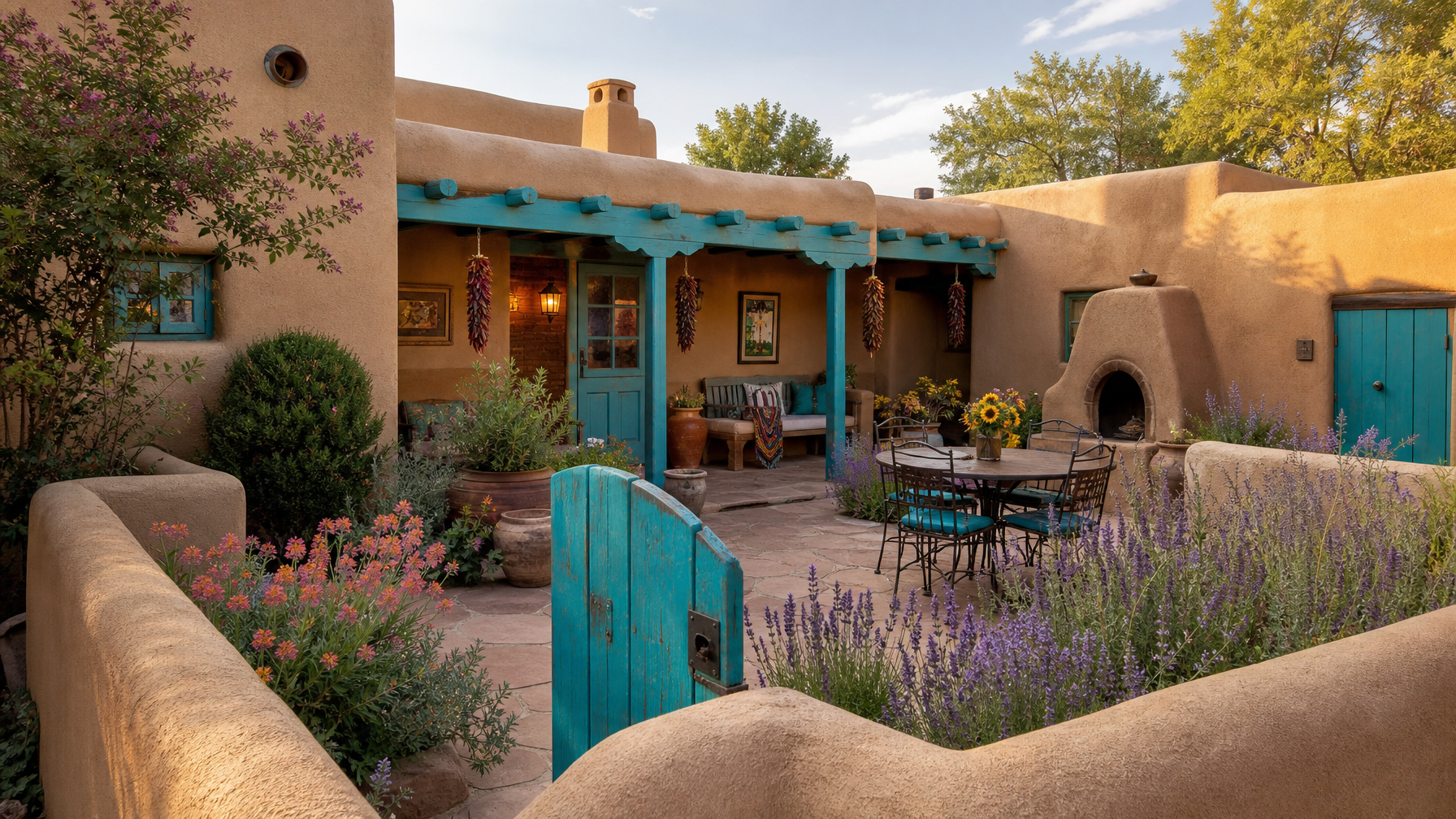 A Santa Fe New Mexico adobe vacation rental compound with a private walled courtyard, portal porch, turquoise wood details, and flowering plants near Canyon Road