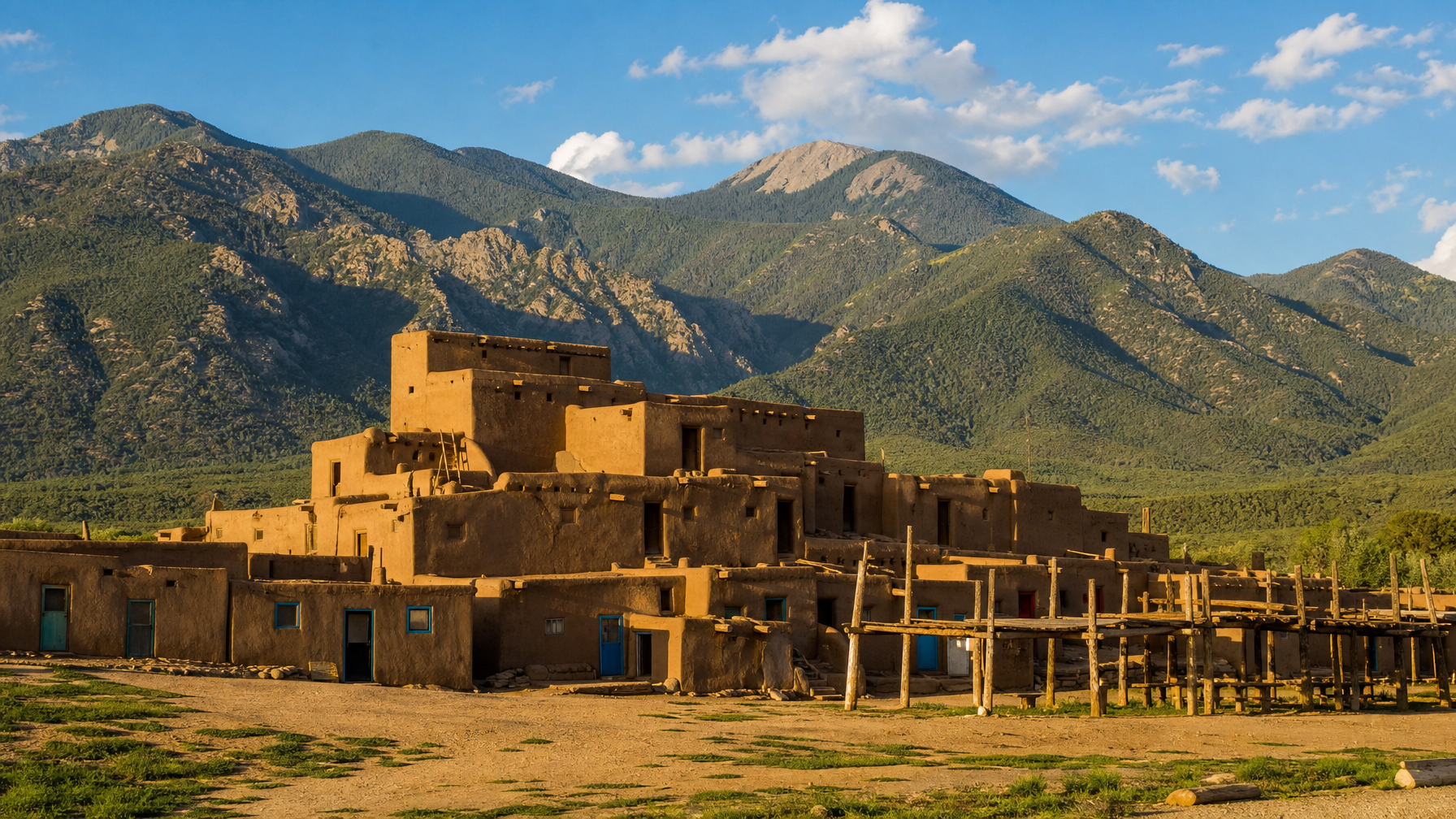 Taos Pueblo UNESCO World Heritage Site glowing golden in the afternoon light with the Sangre de Cristo Mountains behind representing the ancient cultural context accessible from any Taos vacation rental