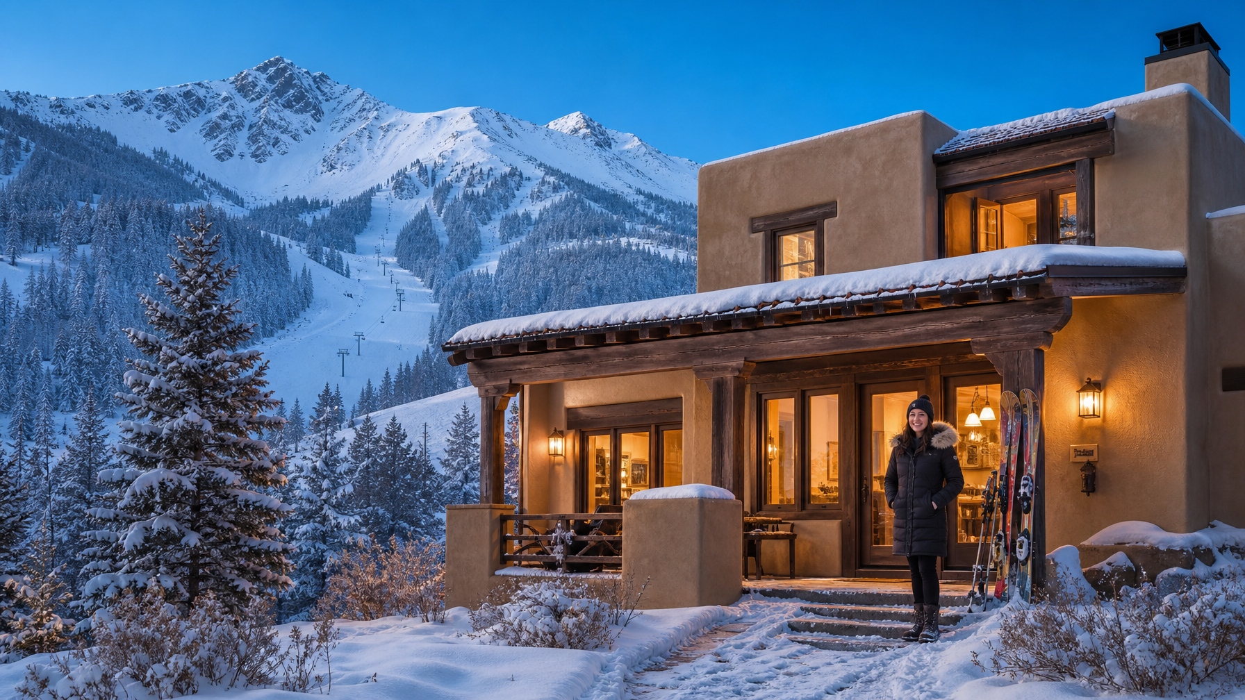 A female host smiling on the porch of a Taos Ski Valley winter vacation rental with snow-covered Wheeler Peak and ski runs in the background representing the ski season rental market near Taos New Mexico