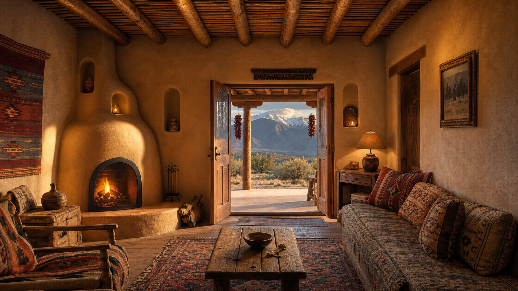 A Taos New Mexico adobe casita vacation rental interior with a kiva fireplace glowing warm and a doorway opening to a portal porch with Sangre de Cristo Mountain views