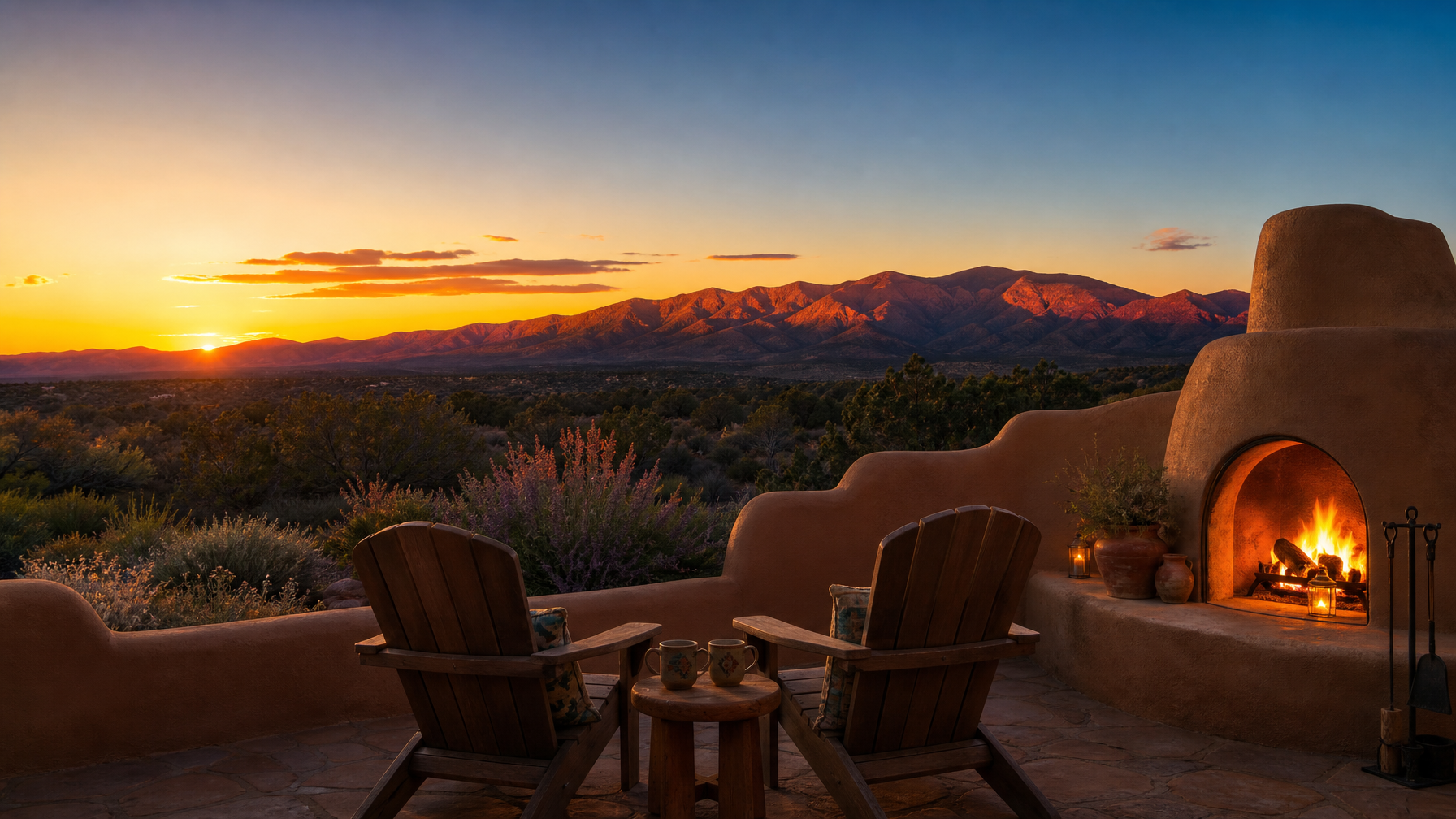 A Santa Fe vacation rental portal porch with an outdoor kiva fireplace glowing warm at sunset, two chairs facing the Jemez Mountains as the sky turns gold and deep blue