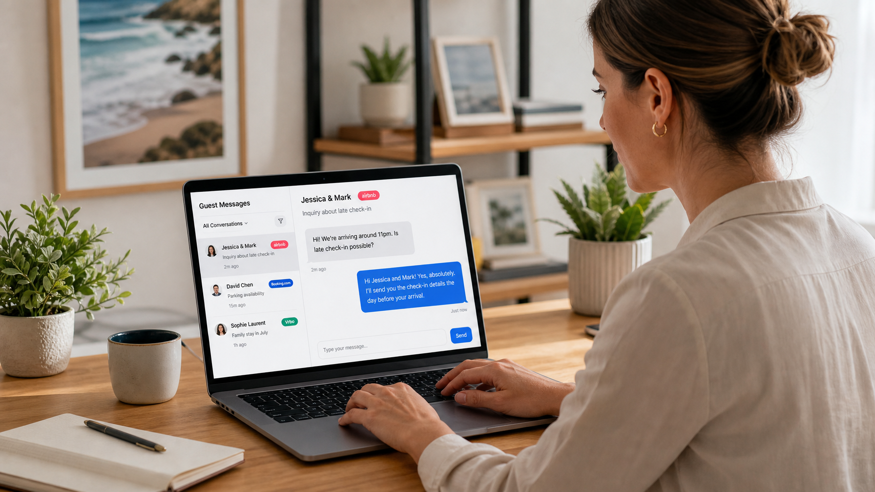 A female vacation rental host managing a unified guest messaging inbox on a laptop that consolidates messages from multiple booking platforms in one organized interface