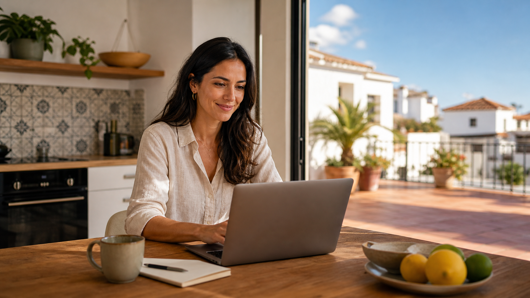 A vacation rental host working from a laptop on a sunny terrace, representing the direct booking relationship a host builds with guests outside of OTA platforms