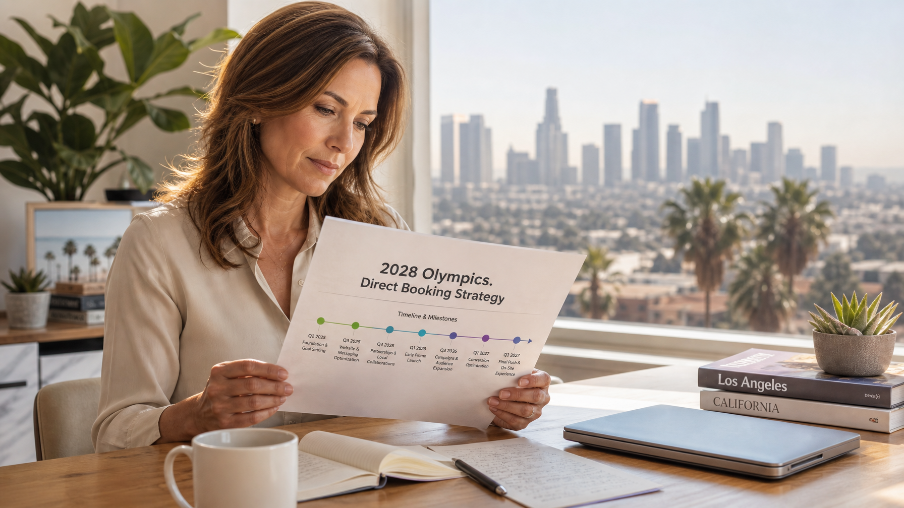 A vacation rental host near Los Angeles planning their direct booking strategy for the 2028 Summer Olympics showing the 24-month positioning window that opens after the World Cup