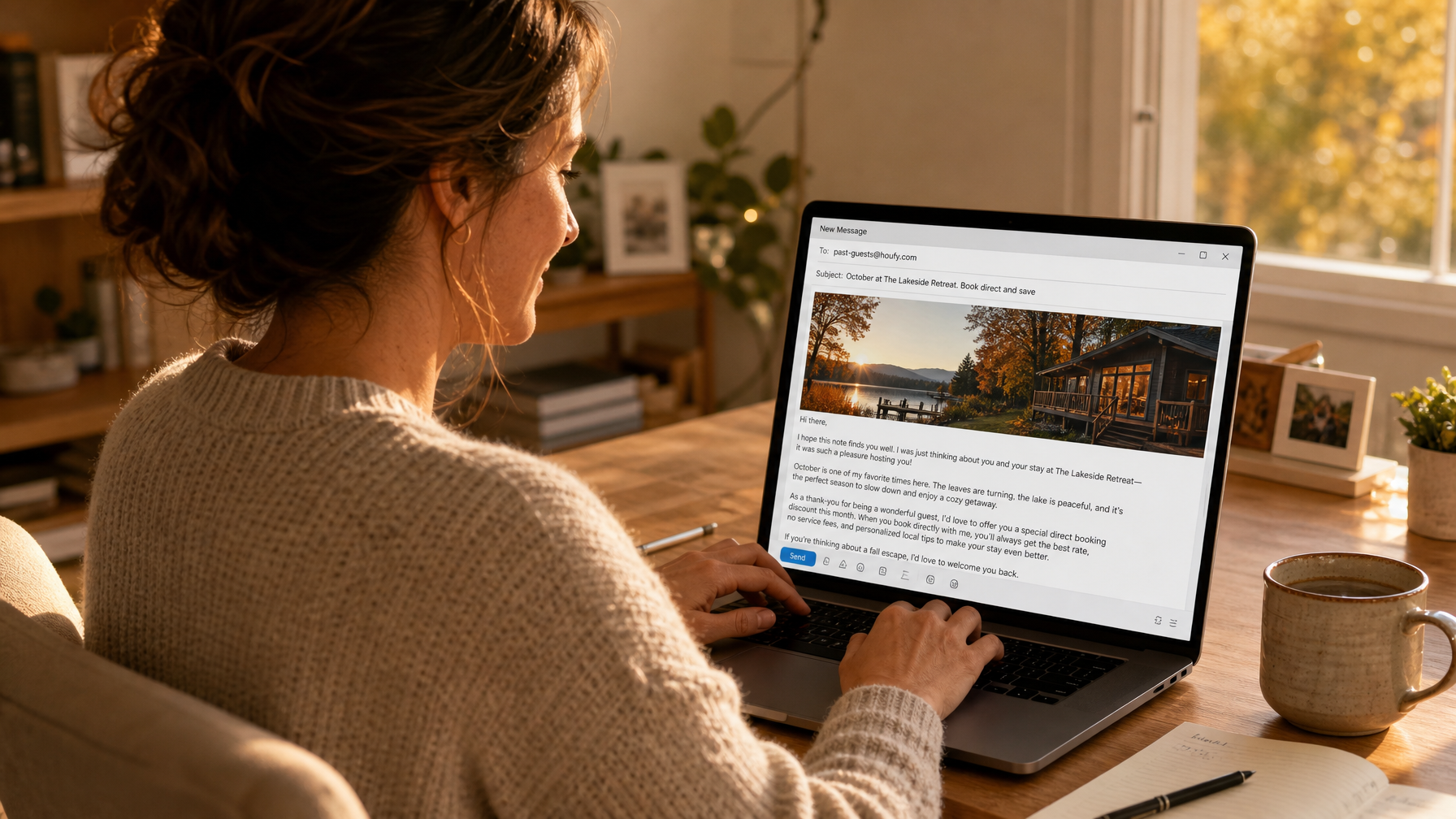 A vacation rental host composing a fall email campaign to past World Cup and general guests offering shoulder season rates and direct booking for the post-tournament period