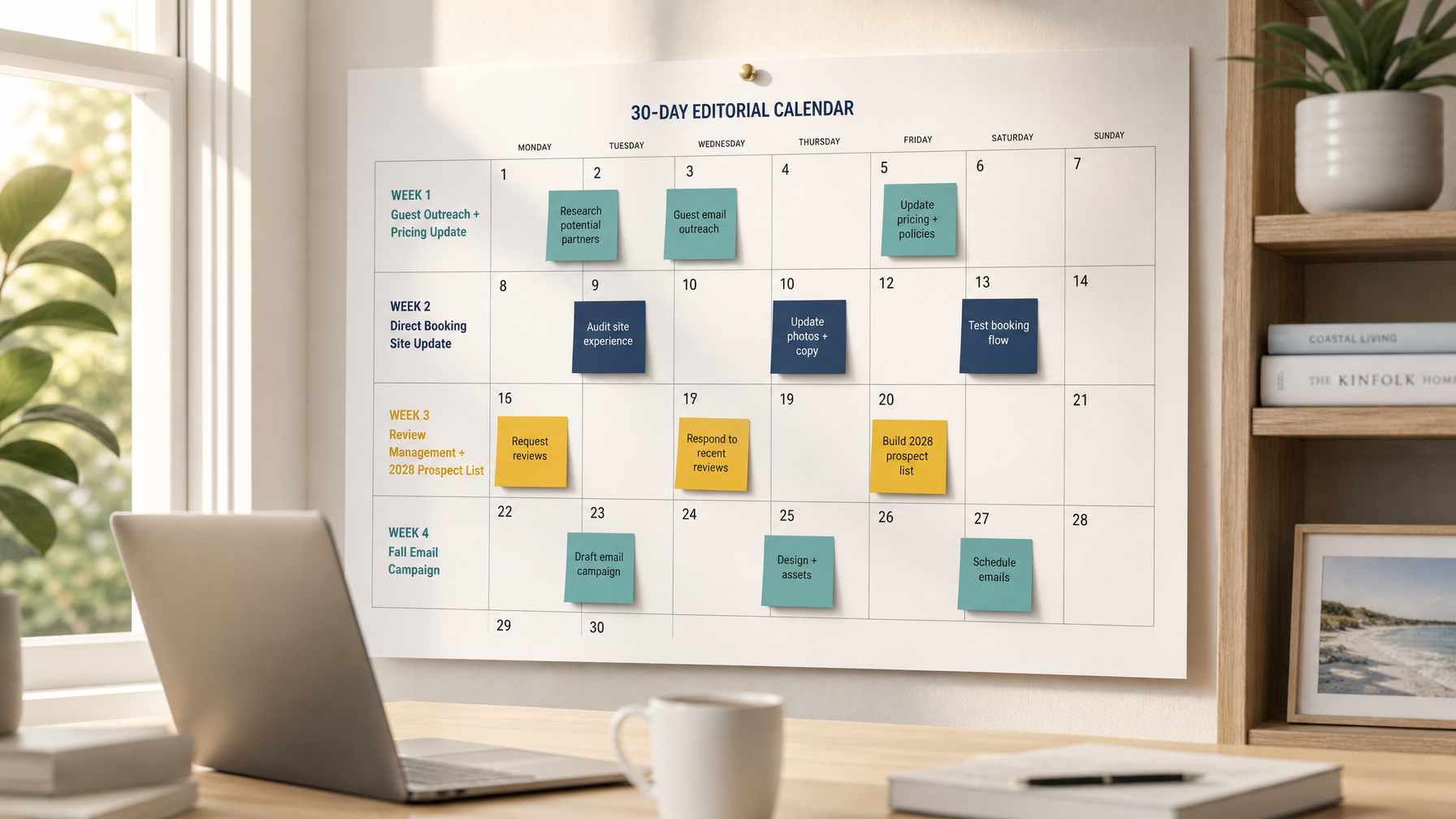 A vacation rental host's 30-day post-World Cup action plan calendar showing guest outreach pricing updates and direct booking infrastructure tasks