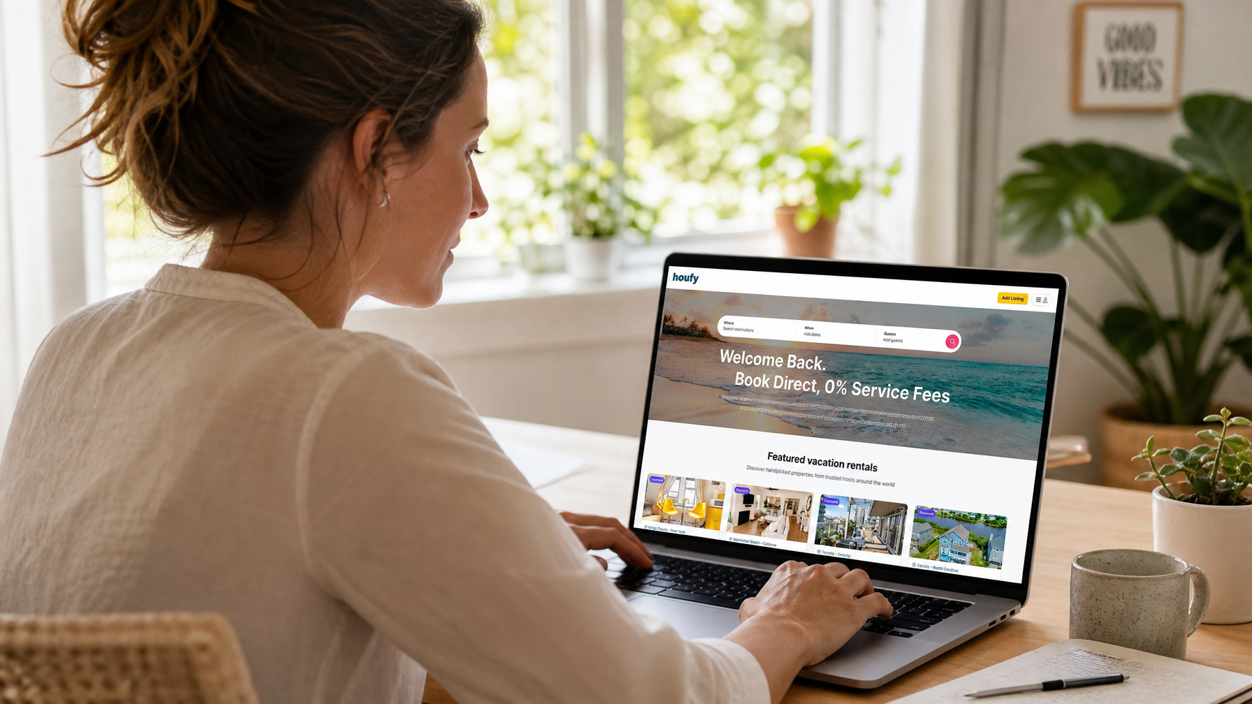 A vacation rental host updating their direct booking website after the World Cup to include a returning guest section and direct booking invitation for future events including 2028 Olympics