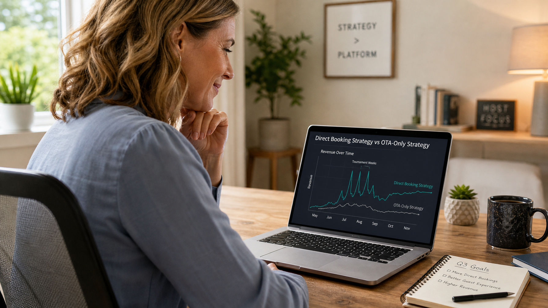 A vacation rental host reviewing their revenue trajectory from World Cup tournament peak through shoulder season showing the strategic importance of the post-tournament action plan