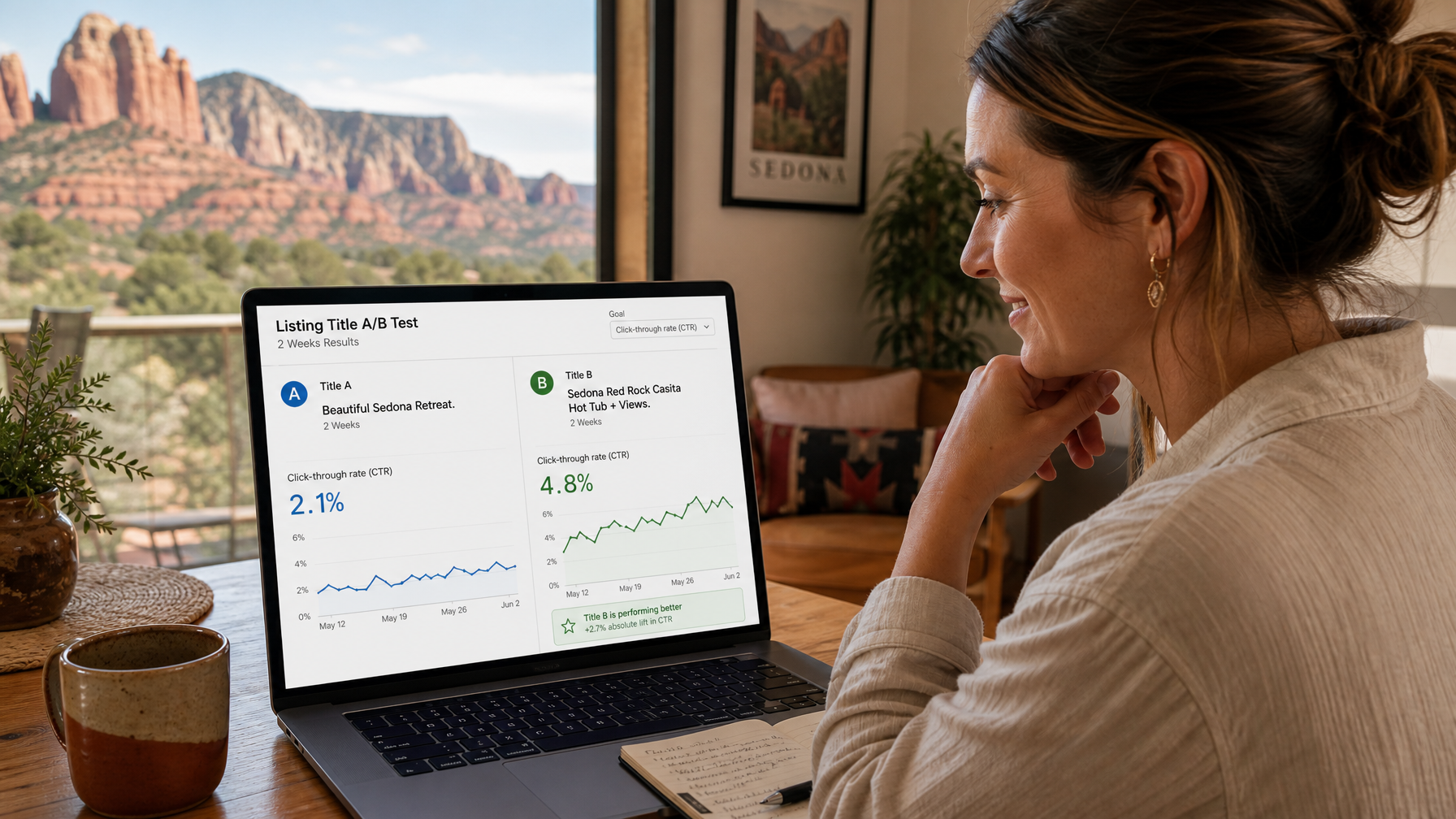Female host running an A B test on vacation rental listing titles comparing click through rate and search visibility
