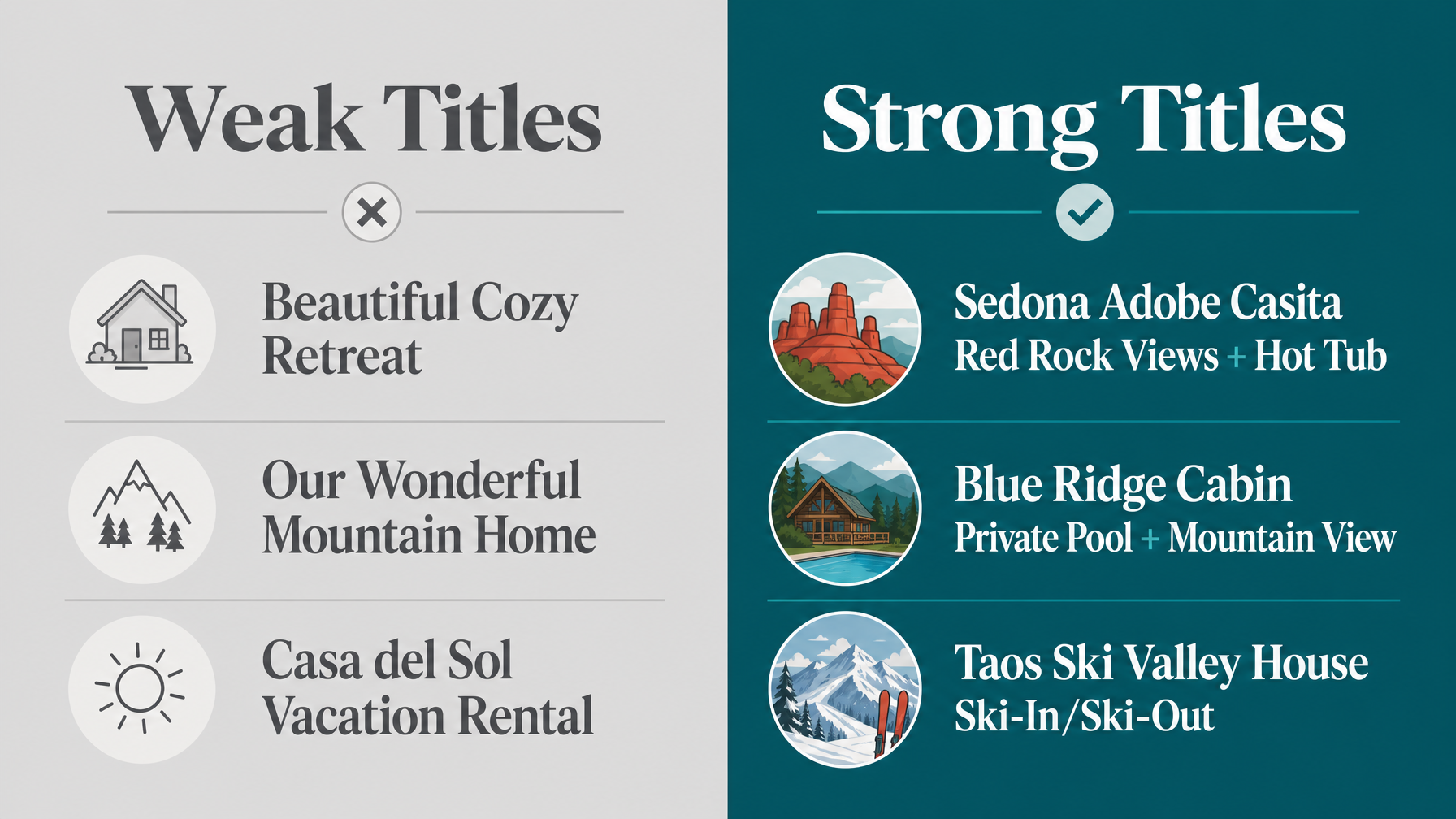 Comparison of weak versus strong vacation rental listing titles showing how STR listing title optimization with location and key feature improves visibility