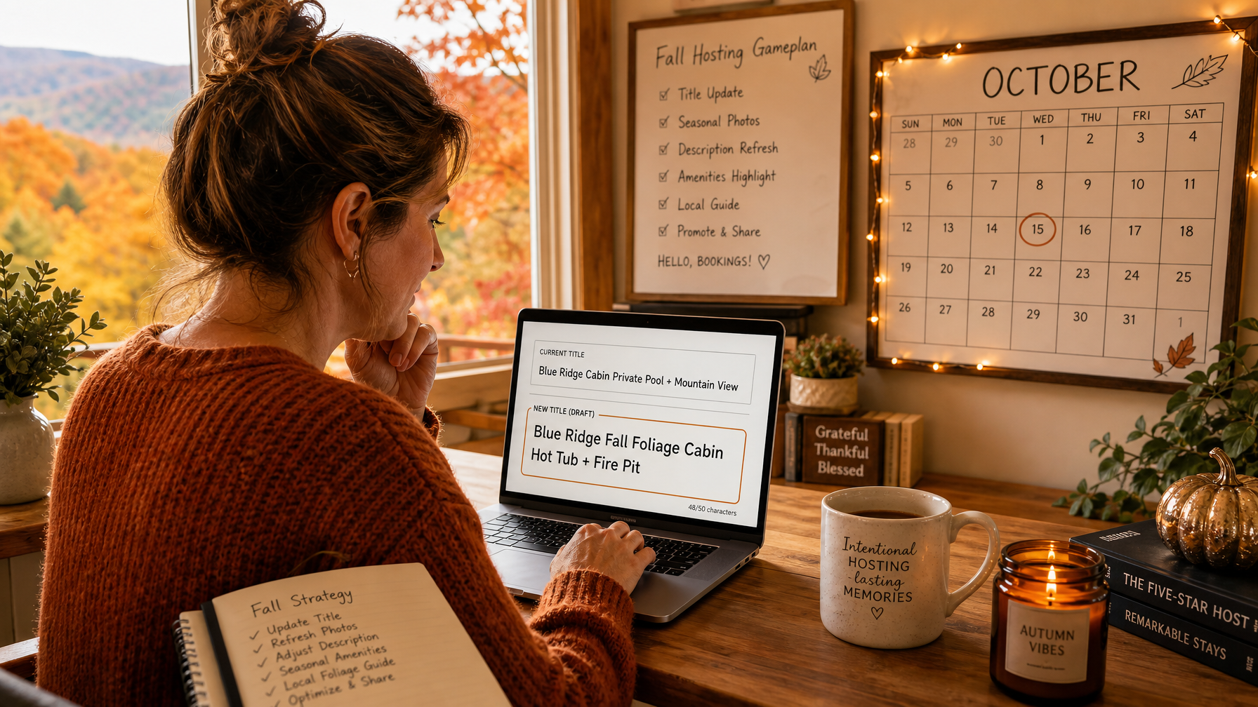 Female host updating vacation rental listing title seasonally to include fall foliage keywords for higher conversion